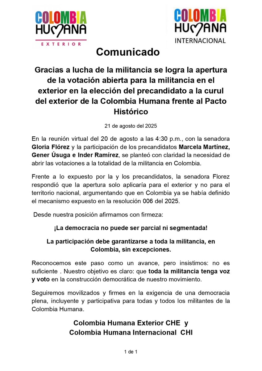 Pacto Histórico Reino Unido (@pactouk) on Twitter photo 🚨 #Atencion bases de Colombia Humana
Las directivas de <a href="/ColombiaHumana_/">Colombia Humana</a> abre voto a militancia en el exterior.
📌 Avance importante, pero insuficiente.
👉 La democracia no se fragmenta: exigimos votación abierta para TODA la militancia en Colombia <a href="/petrogustavo/">Gustavo Petro</a> <a href="/GustavoBolivar/">Gustavo Bolívar</a> 🚨 #Atencion bases de Colombia Humana
Las directivas de <a href="/ColombiaHumana_/">Colombia Humana</a> abre voto a militancia en el exterior.
📌 Avance importante, pero insuficiente.
👉 La democracia no se fragmenta: exigimos votación abierta para TODA la militancia en Colombia <a href="/petrogustavo/">Gustavo Petro</a> <a href="/GustavoBolivar/">Gustavo Bolívar</a>