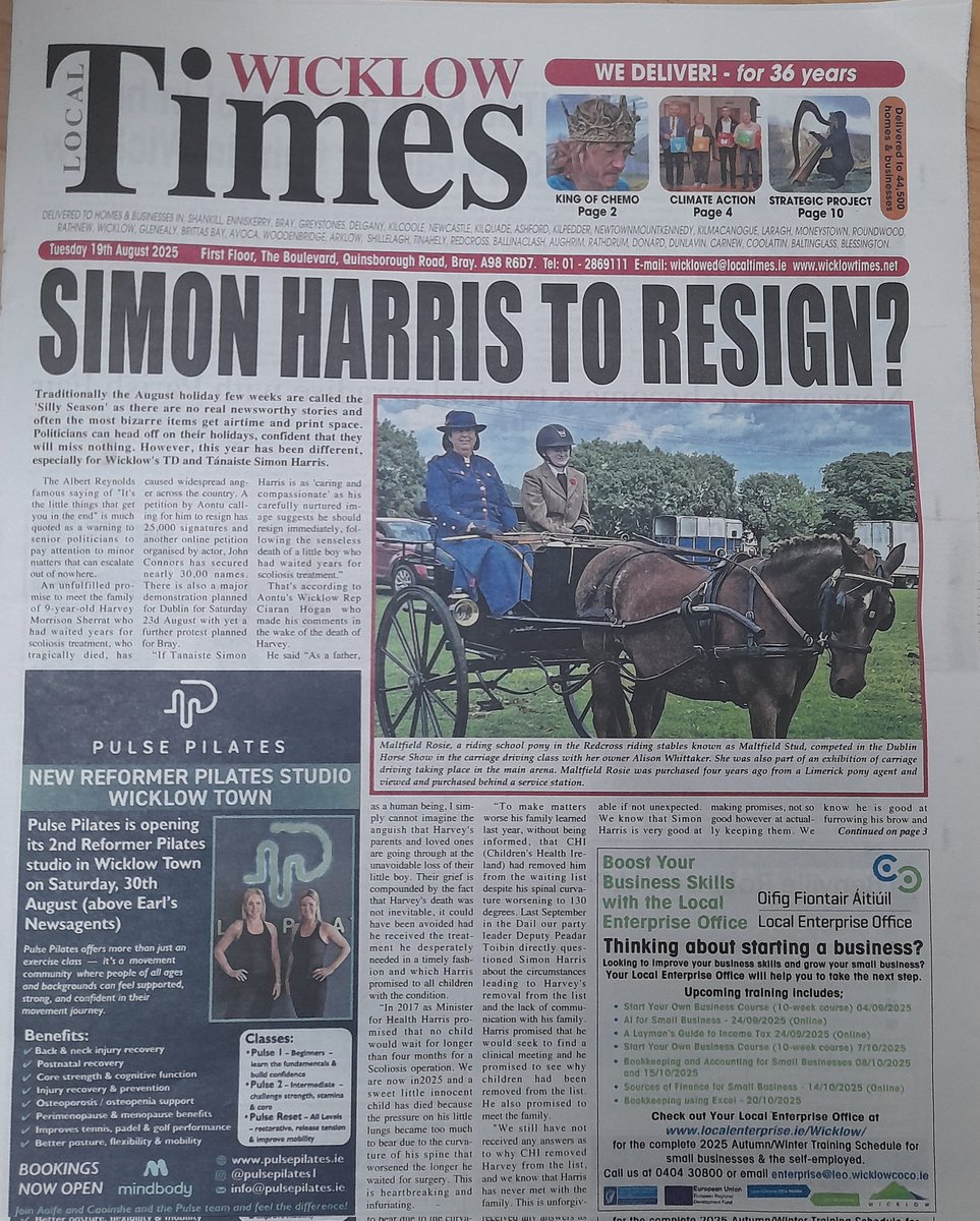 Wicklow Times (a stone's throw away from Harris' Bray constituency office) Aug. 19th 2025.

#ResignHarris
#JusticeForHarvey
