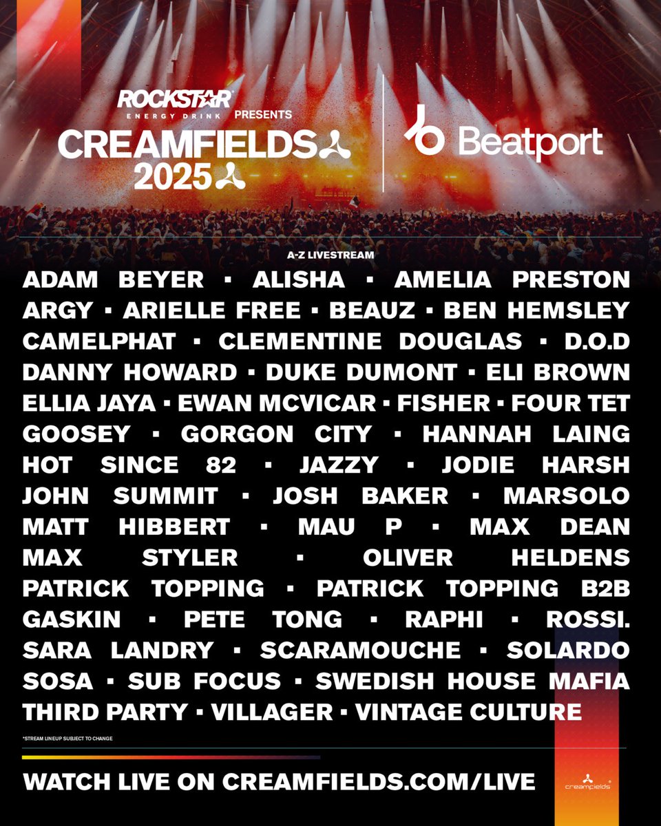 Dancing Astronaut (@dancingastro) on Twitter photo The <a href="/Creamfields/">Rockstar Energy presents Creamfields</a> sets streaming this weekend:
▪️Including Arc, Steel Yard, APEX and HALO
▪️SHM, Third Party, Sara Landry, Mau P + more
▪️No schedule yet but set times are in the app (time zone is BST/5 hours ahead of ET)
Stream link: creamfields.com/live/ The <a href="/Creamfields/">Rockstar Energy presents Creamfields</a> sets streaming this weekend:
▪️Including Arc, Steel Yard, APEX and HALO
▪️SHM, Third Party, Sara Landry, Mau P + more
▪️No schedule yet but set times are in the app (time zone is BST/5 hours ahead of ET)
Stream link: creamfields.com/live/