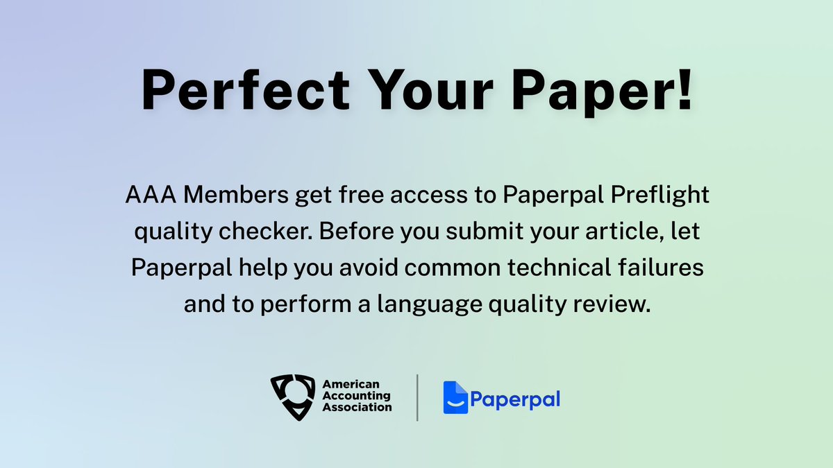 Don't let technical glitches slow down your accounting research submissions! The AAA offers a FREE Paperpal Preflight service to help you perfect your work before you submit to our journals!

🔗 Learn more &amp; find your journal's Paperpal link: bit.ly/3B5OeLN

#AAAHQ