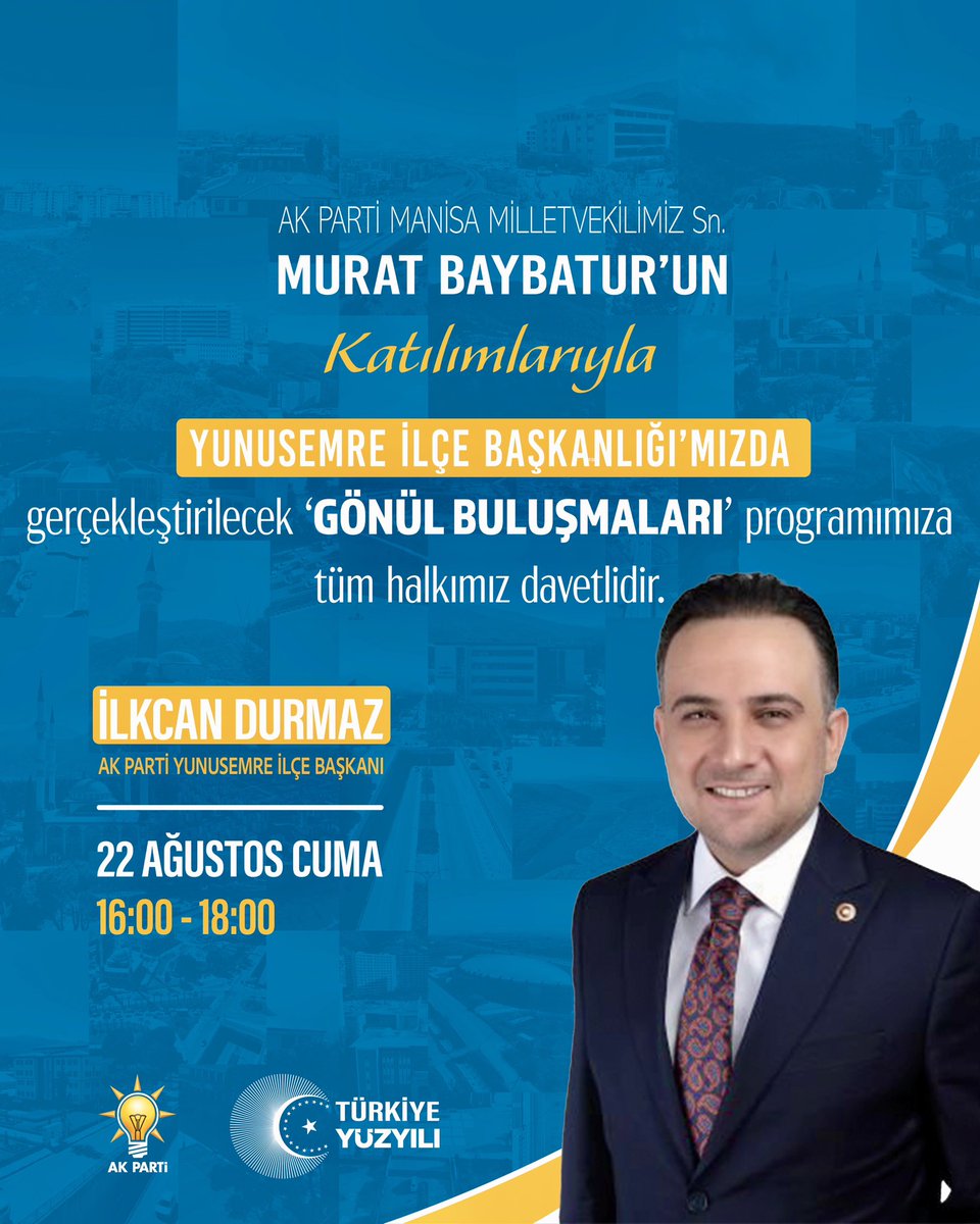 📍 AK Parti Yunusemre İlçe Başkanlığımızda, Manisa Milletvekilimiz Sn. Murat Baybatur’un katılımlarıyla gerçekleştireceğimiz Gönül Buluşmaları programımıza tüm halkımız davetlidir.

🗓 22 Ağustos Cuma
⏰ 16:00 – 18:00
📌 AK Parti Yunusemre İlçe Başkanlığı