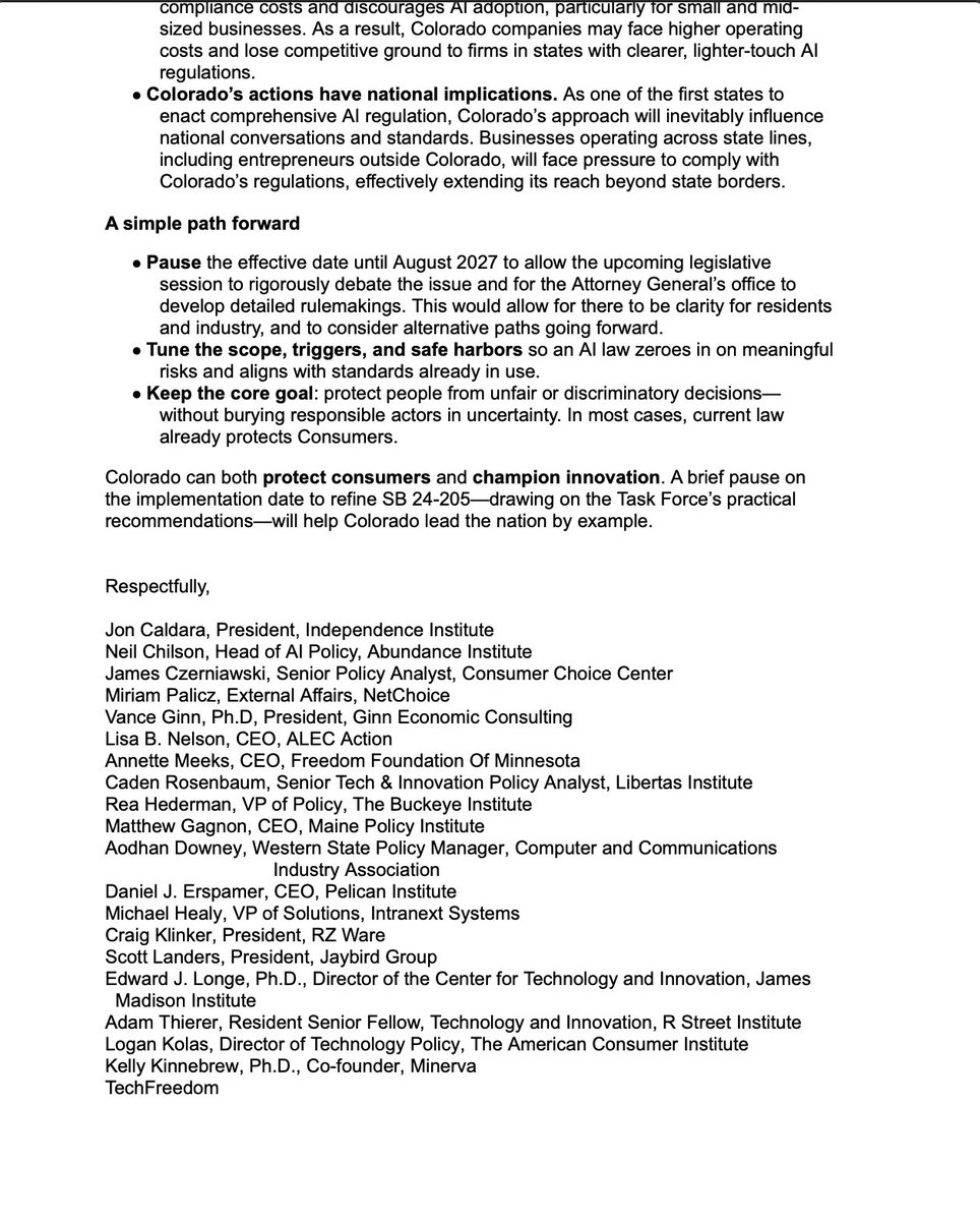 Independence Institute (@i2idotorg) on Twitter photo We teamed up with <a href="/taylordbarkley/">Taylor B.</a> and <a href="/BryceTheNoble/">π
±οΈryce N.Y. Chinault</a> of the <a href="/abundanceinst/">Abundance Institute</a> to call for a delay in the implementation of Colorado's AI bill. We teamed up with <a href="/taylordbarkley/">Taylor B.</a> and <a href="/BryceTheNoble/">π
±οΈryce N.Y. Chinault</a> of the <a href="/abundanceinst/">Abundance Institute</a> to call for a delay in the implementation of Colorado's AI bill.