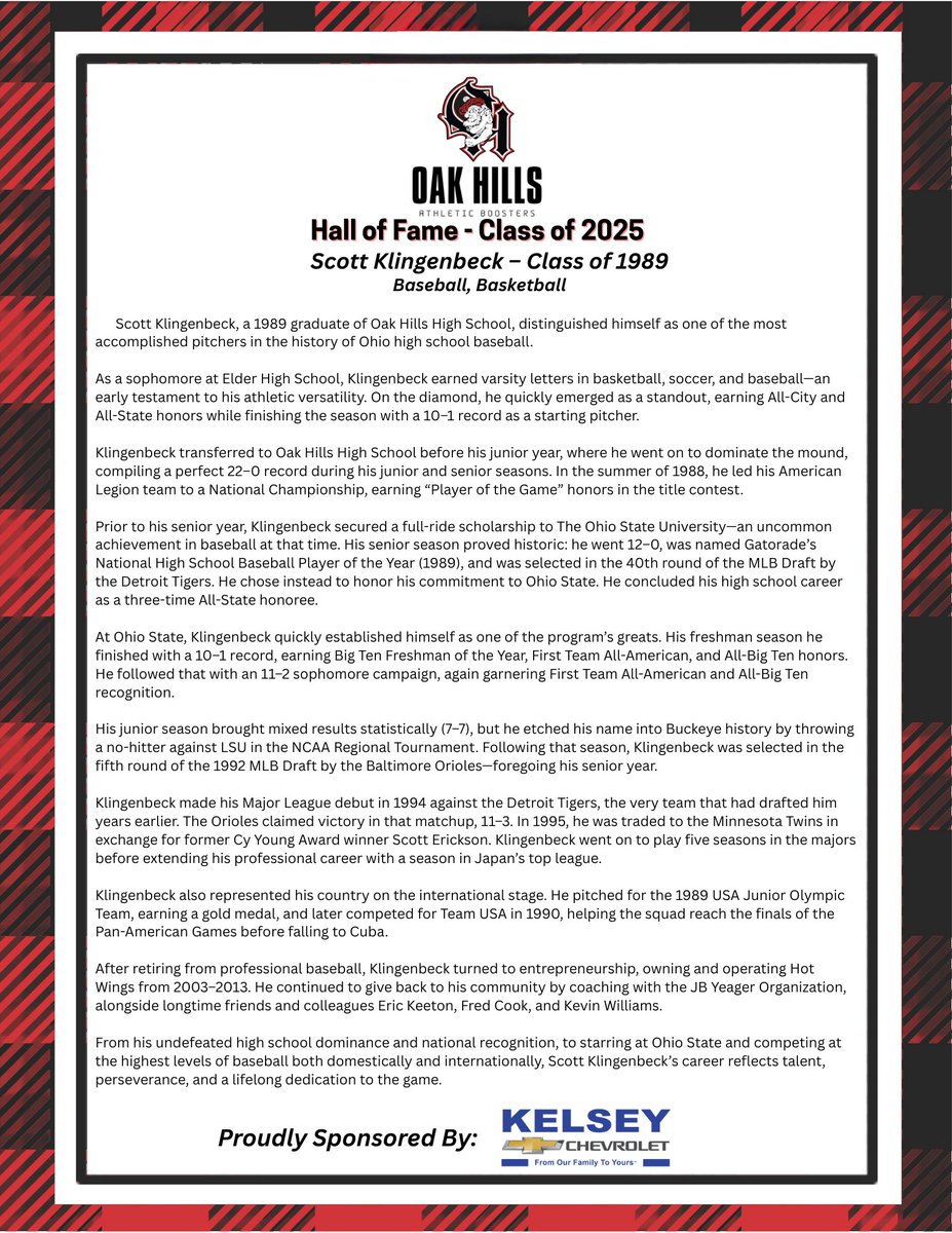 WeAreOakHills's tweet image. Scott Klingenbeck (Oak Hills, ’89)
One of Ohio’s most dominant pitchers, Scott Klingenbeck went 22–0 at Oak Hills and was named Gatorade National High School Baseball Player of the Year (1989). A three-time All-State honoree, he earned a full scholarship to Ohio State, where he…