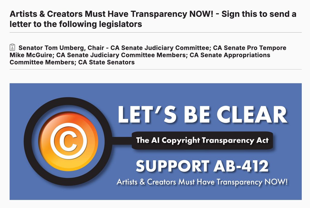 IATSE and the EUC are supporting the new "AI Copyright Transparency Act" and we need your help! Please check out the petition below if you are in California to tell your legislators to support this bill! #fuckai ! actionnetwork.org/petitions/lets…