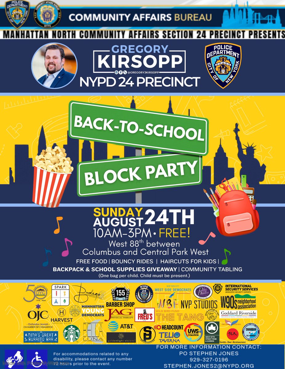 Gregory Kirsopp (@gregoryjkirsopp) on Twitter photo Proud to host a Back to School Block Fair this Sunday with <a href="/NYPD24Pct/">NYPD 24th Precinct</a>!
We’ll be giving out nearly 500 backpacks, plus:
🎶 Live DJ, 🍿popcorn & cotton candy, 🏰bounce castles, and tabling from local community groups, restaurants, and businesses!
I can’t wait to see you there! Proud to host a Back to School Block Fair this Sunday with <a href="/NYPD24Pct/">NYPD 24th Precinct</a>!
We’ll be giving out nearly 500 backpacks, plus:
🎶 Live DJ, 🍿popcorn & cotton candy, 🏰bounce castles, and tabling from local community groups, restaurants, and businesses!
I can’t wait to see you there!