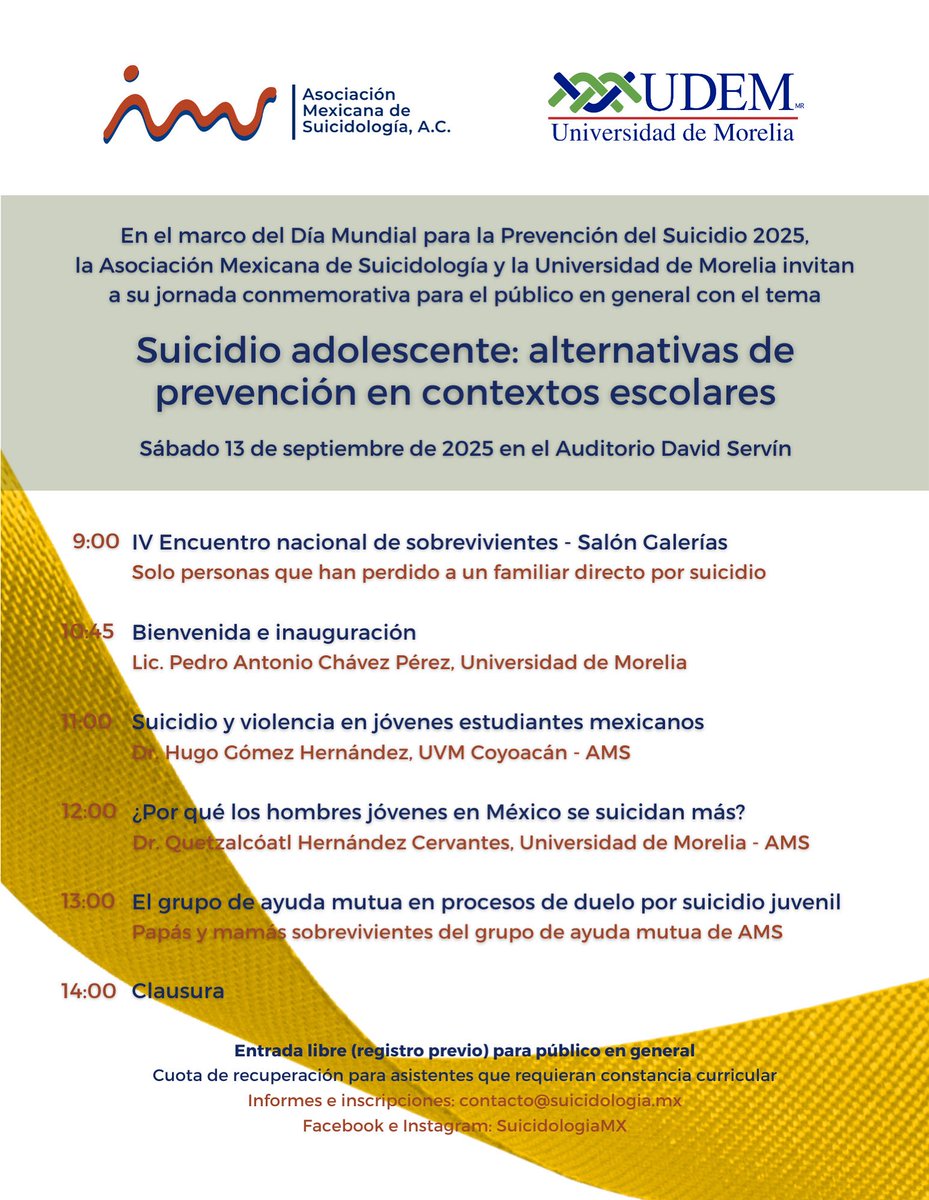 ¿Sabías que septiembre es el mes de la #PrevenciónDelSuicidio? Alternativas de prevención en contextos escolares y IV Encuentro nacional de #sobrevivientes, 13 de septiembre de 2025. Registro aquí: tickettailor.com/events/suicido…

#DMPS #WSPD #DíaMundialParaLaPrevenciónDelSuicidio