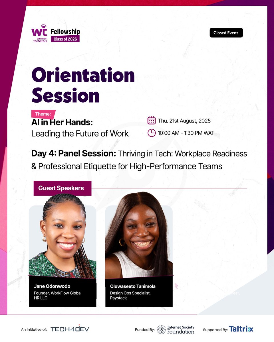_favourme's tweet photo. WTF Orientation: Day 4 🚀
Today, Workplace Readiness &amp; Etiquette was the focus.
💡 Lessons: Adapt to work culture, thrive in teams, value etiquette as much as skills.
Grateful for insights from our amazing guest speakers 🔥

#WTFC26 #AIinHerHands #WomenInTech #Day3
@Tech4DevHQ https://t.co/JpJFggoTK0
