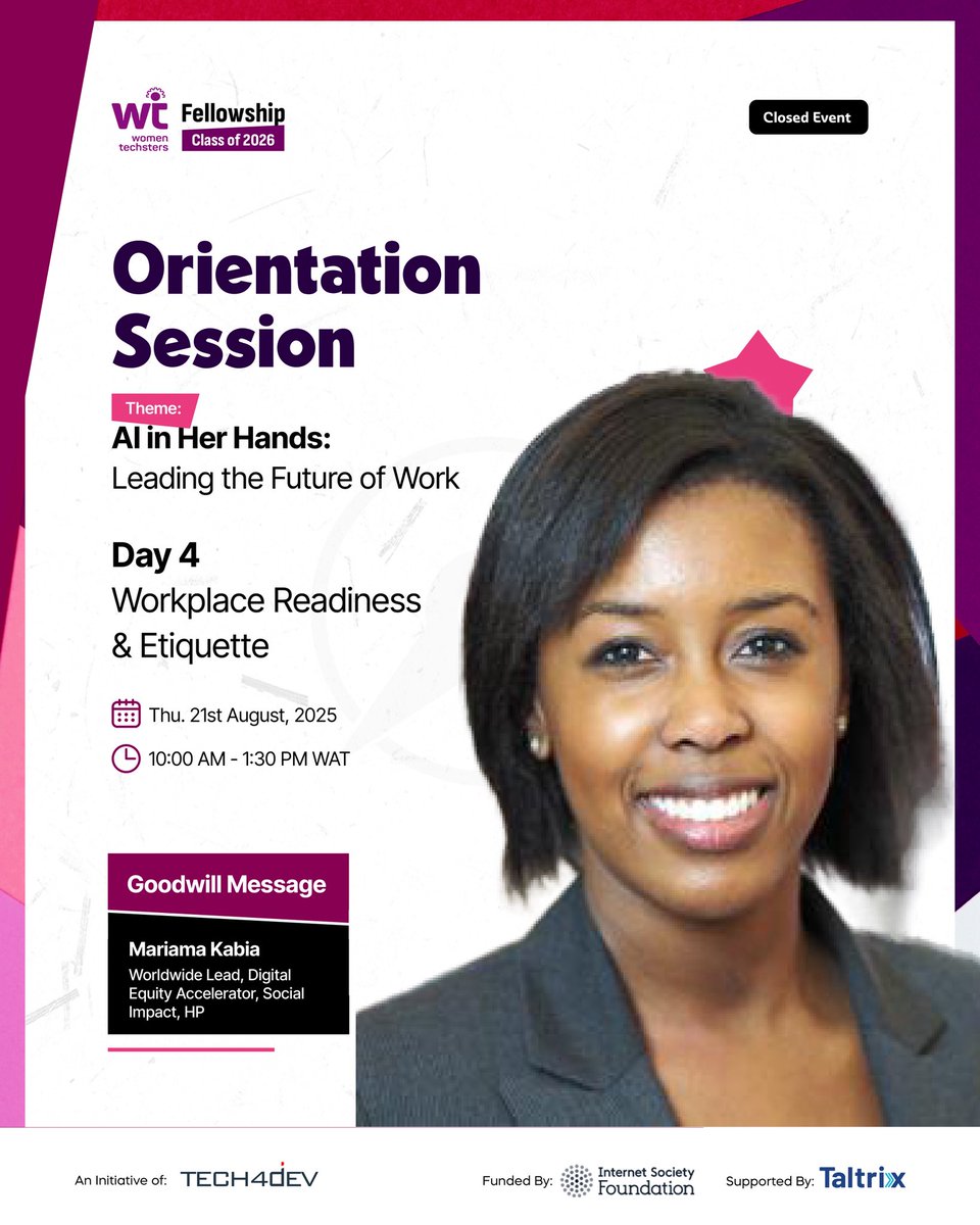 _favourme's tweet photo. WTF Orientation: Day 4 🚀
Today, Workplace Readiness &amp; Etiquette was the focus.
💡 Lessons: Adapt to work culture, thrive in teams, value etiquette as much as skills.
Grateful for insights from our amazing guest speakers 🔥

#WTFC26 #AIinHerHands #WomenInTech #Day3
@Tech4DevHQ https://t.co/JpJFggoTK0