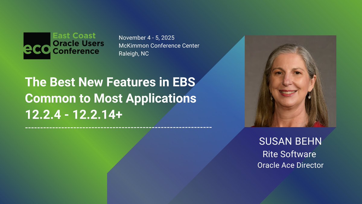 EastCoastOracle's tweet image. Oracle ACE Director Susan Behn (Rite Software) at #ECO2025 shares what’s new in EBS 12.2.4–12.2.13: UI, search, flexfields, security & workflow. Plus upgrade “gotchas” in FND, AOL & ATG.
#OracleEBS #OracleUsers #OracleCommunity