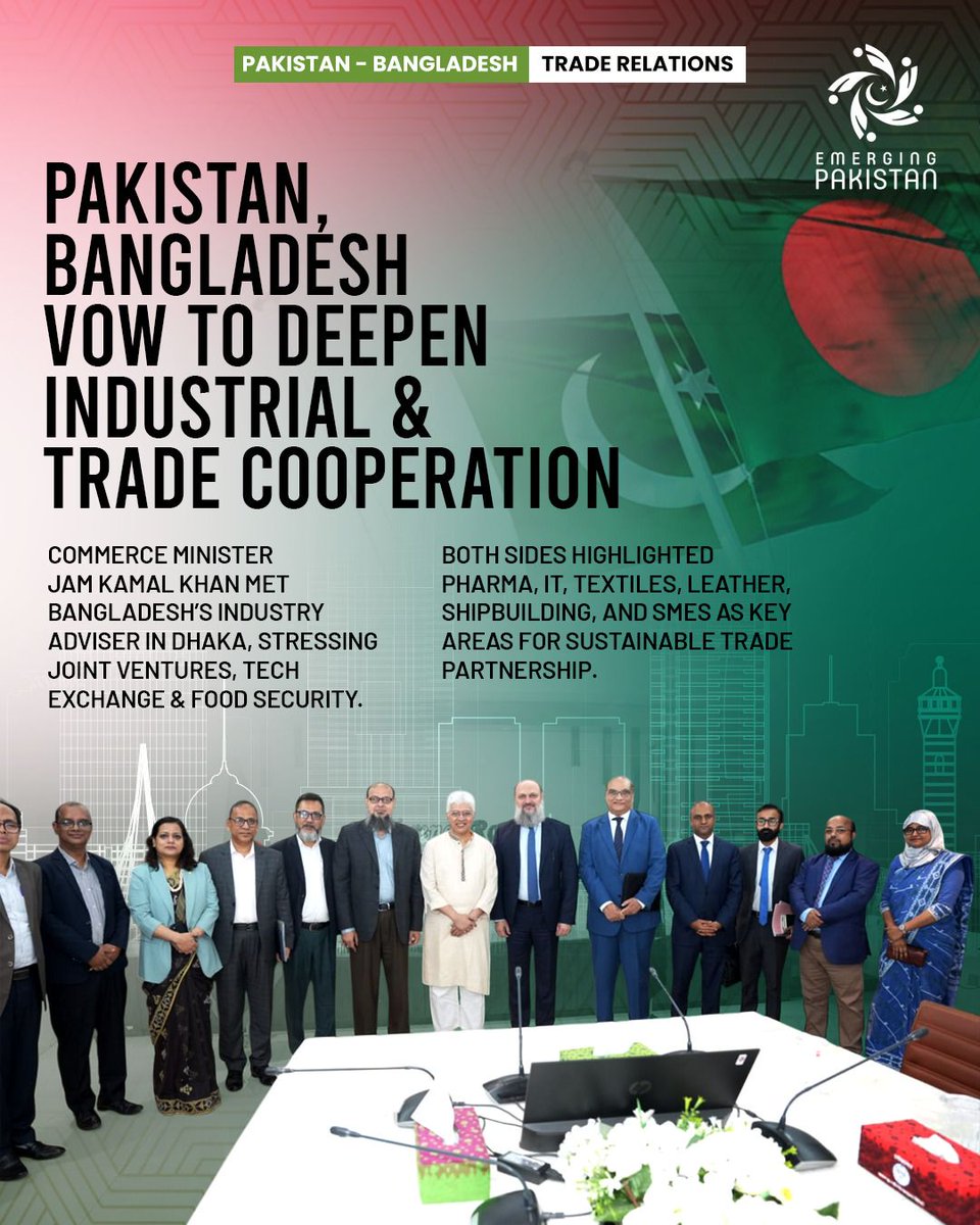 Emergingpk's tweet image. Pakistan and Bangladesh are strengthening ties!

Leaders have vowed to deepen industrial and trade cooperation, with a focus on key sectors like IT, Textiles, and Pharma. A great move for both nations.

#EmergingPakistan #TradeRelations