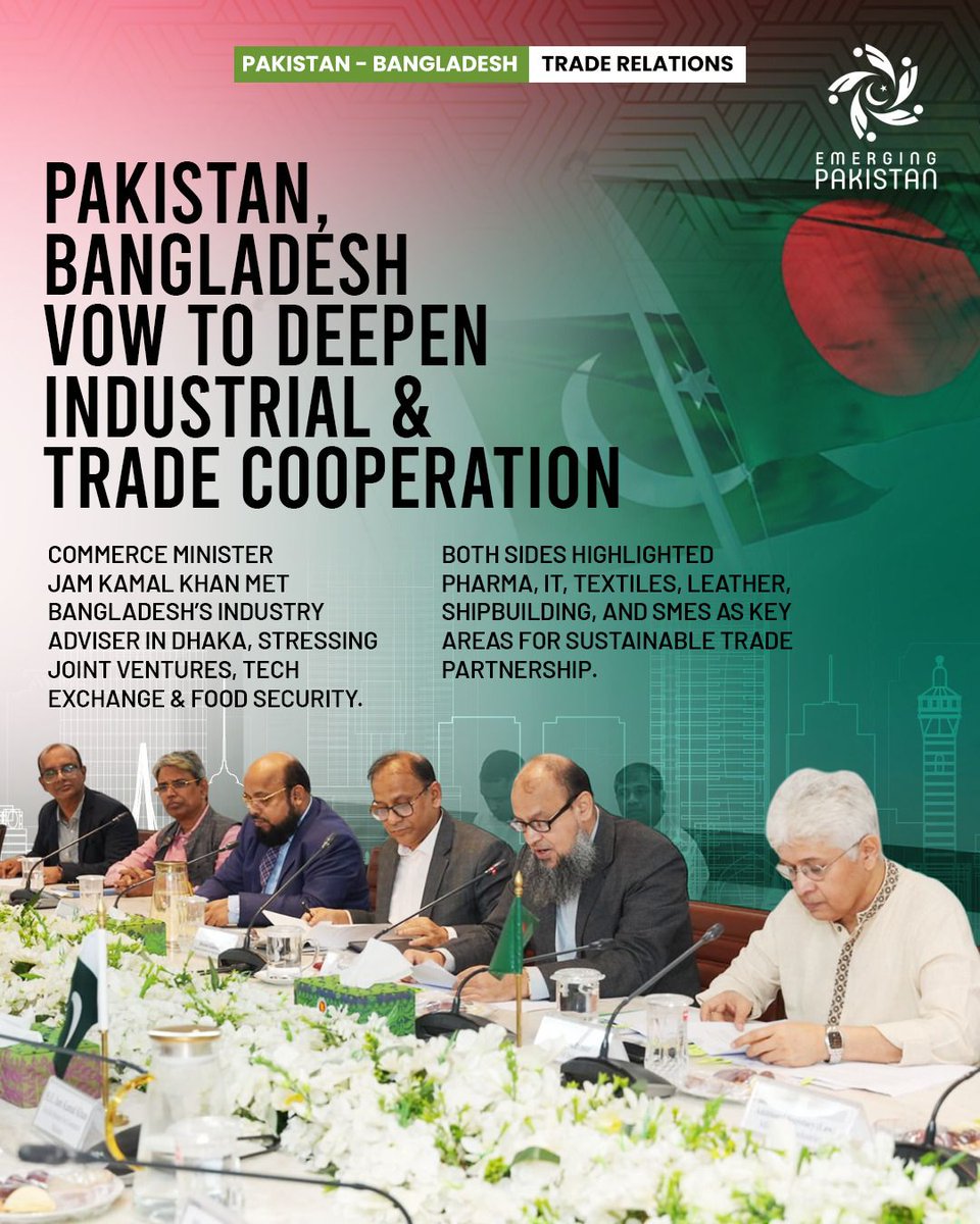 Emergingpk's tweet image. Pakistan and Bangladesh are strengthening ties!

Leaders have vowed to deepen industrial and trade cooperation, with a focus on key sectors like IT, Textiles, and Pharma. A great move for both nations.

#EmergingPakistan #TradeRelations