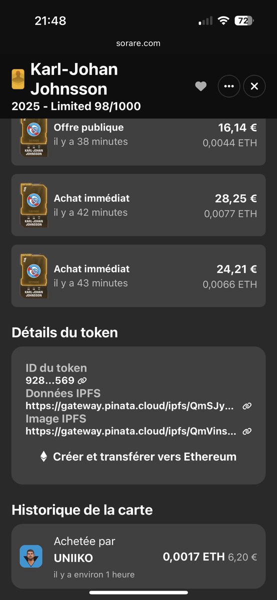 C’est normal que j’ai pas eu de joueur ou d’essence avec mon achat immédiat de Karl-Johan Johnsson ? 🤨🤨🤨

#Sorare #Sorare26