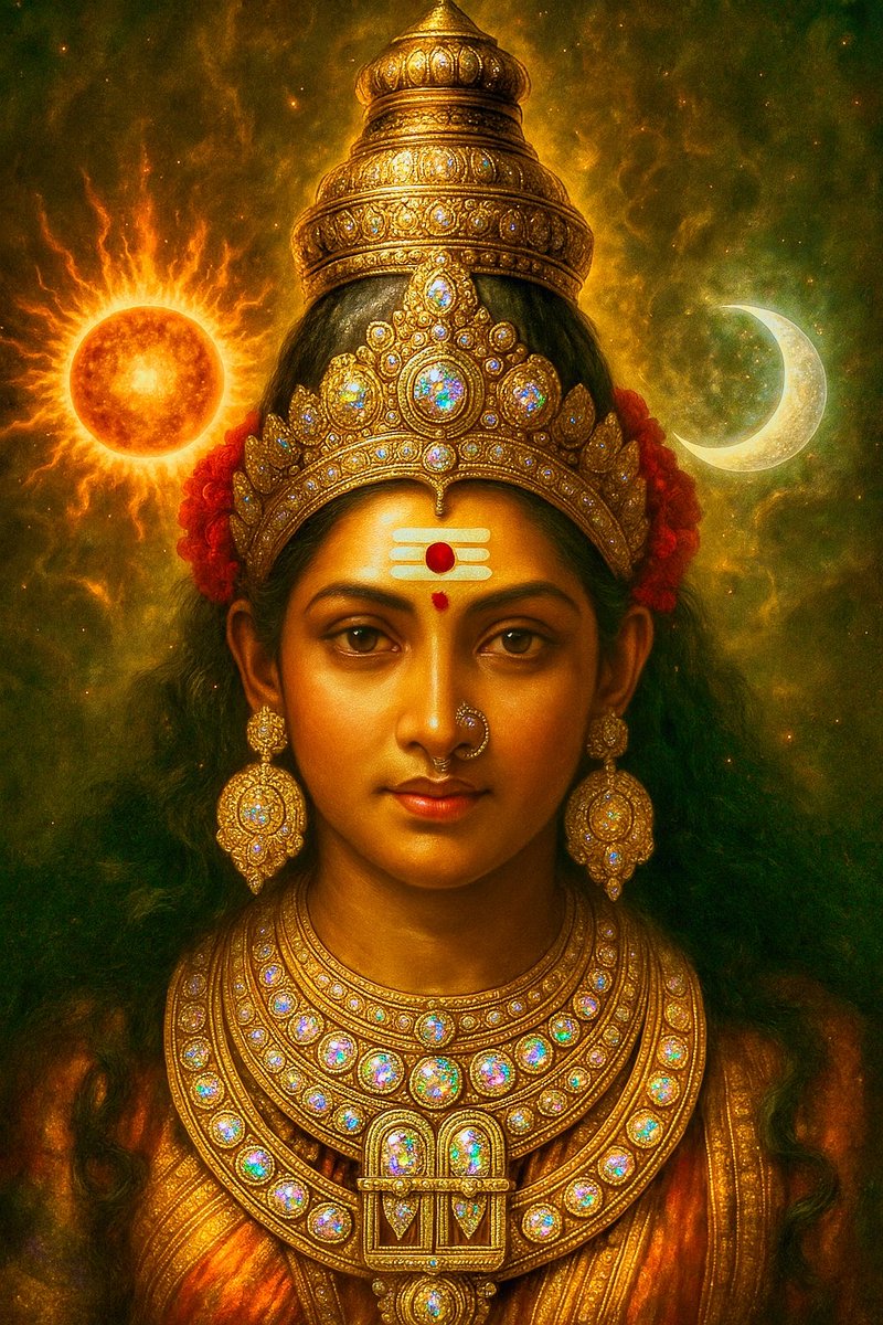 Splendid_Tiger's tweet photo. The Eternal Mother: Adi Para Shakti, the Supreme Creative Force

Before the first dawn, before the first star was kindled in the void, there was She. Not a goddess, but Goddessness itself. Not a deity to be worshipped, but the very substance of worship. This is Adi Para Shakti, the Supreme, Primordial, Ultimate Power. The Unmanifest Source from which all universes, all gods, and all existence spring forth and into which they ultimately dissolve.

To speak of Her is to speak of the ocean while describing a wave. We are the waves, individual and beautiful, but She is the vast, deep, boundless ocean of consciousness that gives us life and form. She is the silent, humming frequency that underpins the very fabric of reality, the Spanda, the divine throb of creation.

She is the great mystery. She is Para Brahman in its dynamic, creative aspect. While the absolute is often described as silent and static (Shiva), Adi Shakti is its power of movement, its will to become. She is the first vibration, the sacred sound of ॐ (AUM), that ripples through the stillness,giving rise to name and form.

She is the light that illuminates the void, and the void itself. She is the energy that dances at the core of every atom and the space between galaxies. In the secret teachings of the Sri Yantra, the Bindu is Adi Para Shakti, the focal point of infinite potential, the divine spark from which all complexity and beauty unfold.

The Threefold Manifestation:

From her unmanifest glory, she willingly limits her infinity to become the Mother of all. She descends into form for the sake of her children, manifesting as the divine Trinity:

· As MahaSaraswati: She is the pure, white light of consciousness and wisdom. She is the clarity that cuts through ignorance, the muse behind all art, science, and speech. She is the ordered intelligence that structures the cosmos.

· As MahaLakshmi: She is the radiant, golden energy of abundance and harmony. She is the divine glue that holds creation together with love, compassion, and beauty. She is the prosperity of the soul, the wealth of grace that nourishes all life.

· As Mahakali: She is the transformative, crimson fire of time and change. She is the fierce love that annihilates the ego, the darkness that swallows all sorrows, the powerful force that dissolves the universe so that it may be born anew. She teaches us that endings are but sacred beginnings.

Yet, these three are One. They are a prism through which her infinite white light shines, revealing its magnificent colors for us to comprehend.

Bow to that infinite power. Surrender to that divine mother. There is no need for fear, only awe, the awe one feels when standing before the boundless, star filled night sky, realizing that we are, and always have been, a cherished part of that magnificent, eternal whole.

Jai Maa Adi Shakti! 🔱