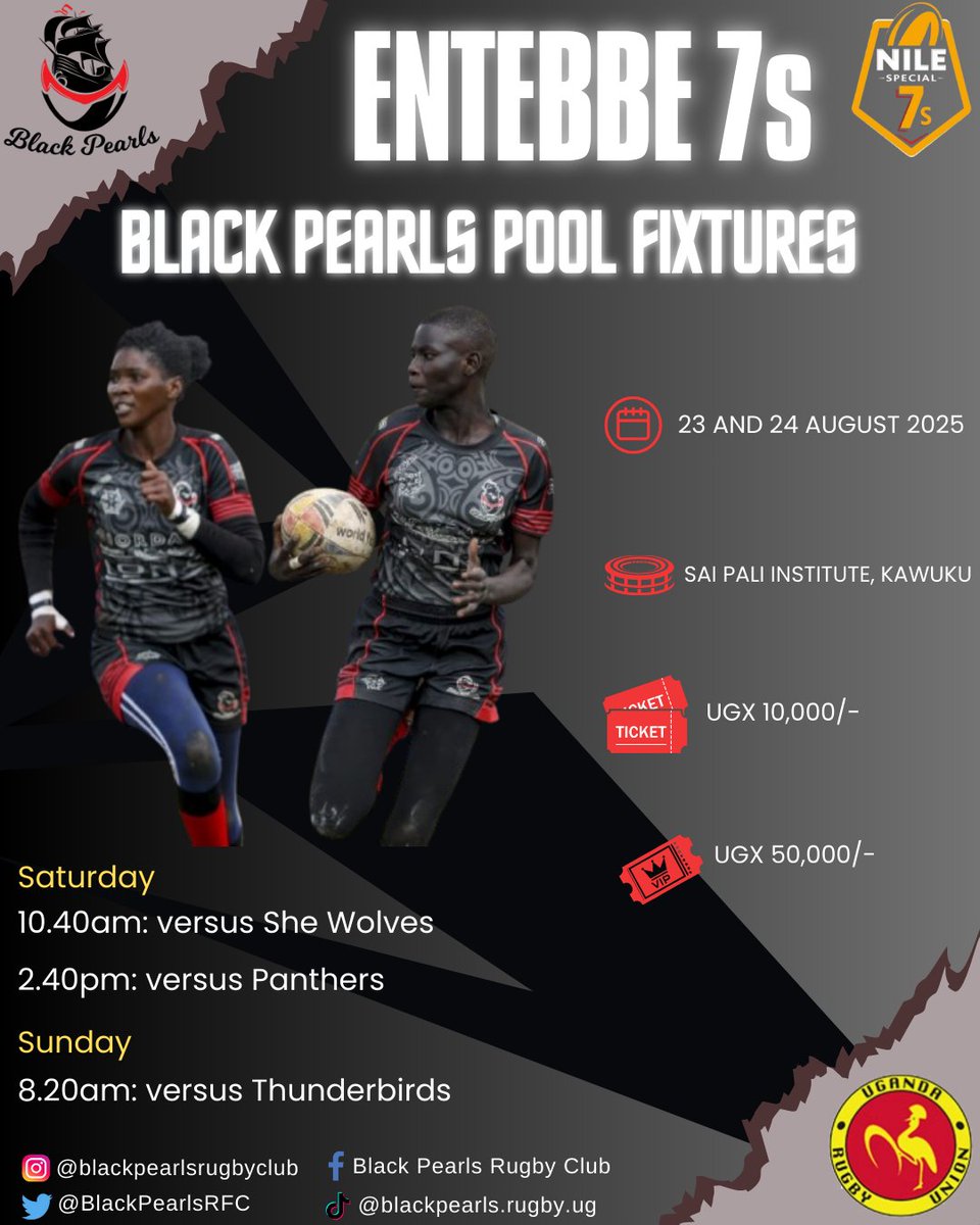 Black Pearls Rugby Club ๐คโค๏ธ (@blackpearlsrfc) on Twitter photo We are pooled with <a href="/shewolvesrfc/">She Wolves RFC</a>, <a href="/PanthersRugbyUg/">Panthers Rugby Club</a> & <a href="/Thunderbirdsrug/">Thunderbirds Rugby Club</a> for the 3rd leg of the <a href="/Uganda7series/">Nile Special Uganda 7s Series</a> at the Sai Pali Institute in Kawuku this weekend.
Check out our pool fixtures for the #Entebbe7s.
#BlackPearlsStrong ๐คโฅ๏ธ
#NileSpecial7s We are pooled with <a href="/shewolvesrfc/">She Wolves RFC</a>, <a href="/PanthersRugbyUg/">Panthers Rugby Club</a> & <a href="/Thunderbirdsrug/">Thunderbirds Rugby Club</a> for the 3rd leg of the <a href="/Uganda7series/">Nile Special Uganda 7s Series</a> at the Sai Pali Institute in Kawuku this weekend.
Check out our pool fixtures for the #Entebbe7s.
#BlackPearlsStrong ๐คโฅ๏ธ
#NileSpecial7s