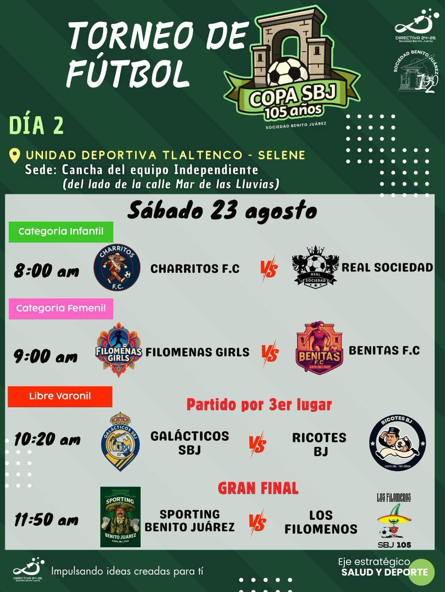 SBJ_1920's tweet photo. La Copa SBJ 105 años llega a su momento decisivo!! 🏆

⚽ Veremos en acción a la Categoría Infantil. 
⚽El duelo imperdible de la Categoría Femenil.
⚽El partido por el 3er lugar de la Libre Varonil y
⚽La ⭐ GRAN FINAL⭐ de la Libre Varonil. https://t.co/DymFhY73D2
