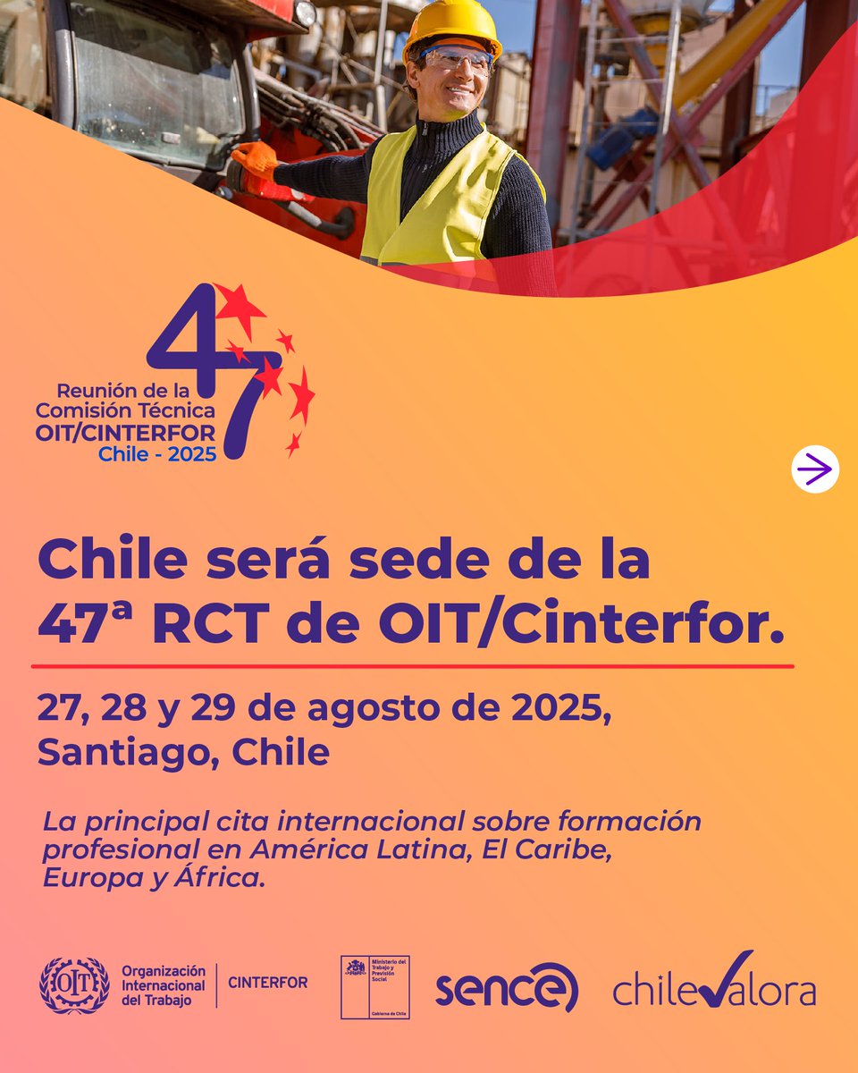 OITCinterfor's tweet photo. 📢 La semana que viene comienza la 47ª RCT de #Cinterfor en Santiago de Chile 🇨🇱
🗓️ 27 al 29 de agosto 2025
El mayor encuentro sobre formación profesional en América Latina y el Caribe.
🧵 https://t.co/2D0hqU5AbL