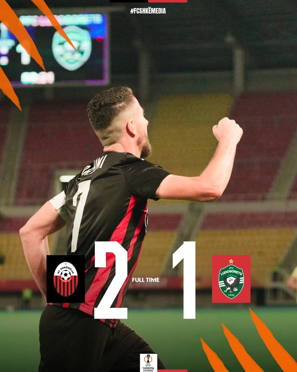 FT | Shkëndija 2:1 Ludogorets ⏱️

Duarte 18' ⚽
⚽ Latifi 36'
⚽ Ibraimi 60'

#SHKËLUD #EuropaLeagueMatch