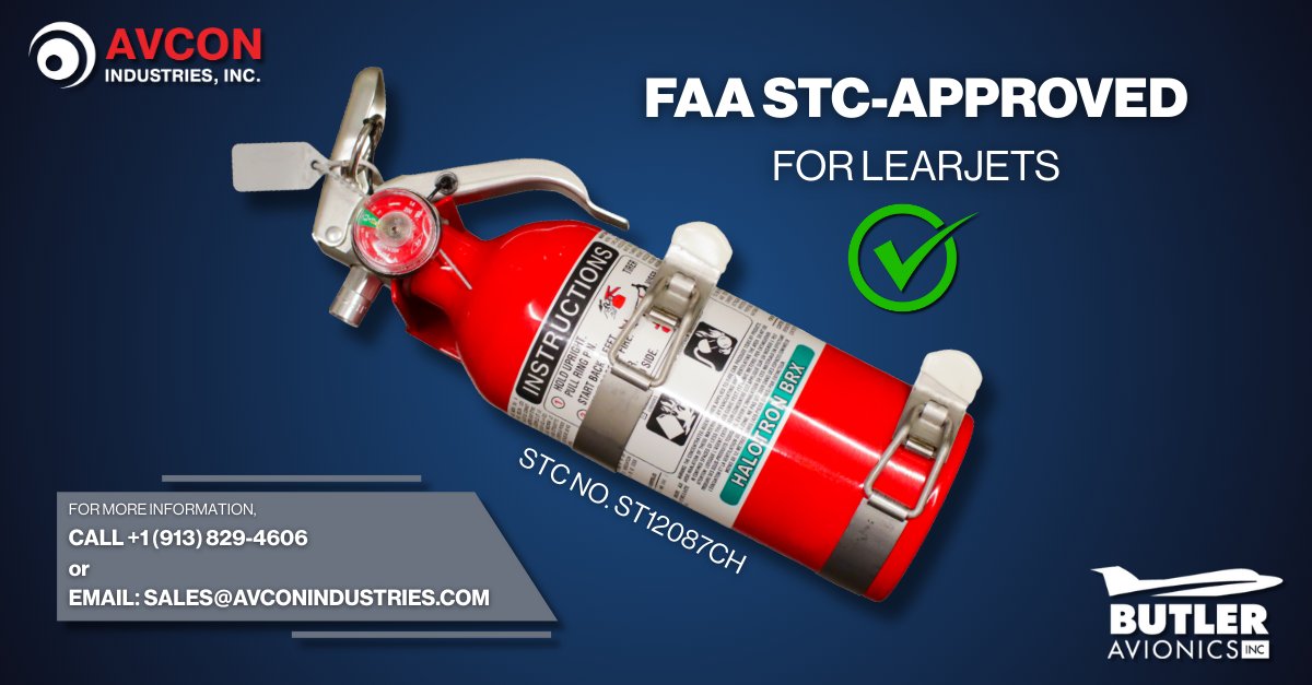 AvconIndustries's tweet photo. ✈️ Avcon Receives FAA STC Approval for Learjet Non-Halon Fire Extinguisher! 🧯

**EASA DEADLINE 12/31/2025**

Avcon Industries, Inc. announces the receipt of FAA STC No. ST12087CH authorizing the replacement of Halon fire extinguishers across the full line of Learjet aircraft. This approval allows operators to install the Avcon/Butler Avionics Halotron BrX-filled extinguishers, which are designed as size-equivalent replacements for ease of retrofit with minimal impact on fit and compatibility. An application for EASA validation of this STC is underway.

This STC issuance is timely. With Halon identified as an ozone-depleting substance, the Montreal Protocol and European Union regulations provide that all hand-held Halon fire extinguishers in aircraft cabins and crew compartments be replaced with suitable alternatives by December 31, 2025. Avcon’s FAA-approved solution gives Learjet operators an effective and compliant path moving forward. The approval applies to Learjet Models 24, 25, 29, 31, 31A, 35, 36, 35A (C-21A), 36A, 40, 45, 55, 55B, 55C, 60, 60XR, 70, and 75 aircraft.

An updated announcement will be shared following receipt of EASA validation.

For more information, call +1(913) 829-4606 or email sales@avconindustries.com

#Avcon #FAA #EASA #STCApproval #Learjet #AviationSafety #Compliance #Aerospace $BUKS