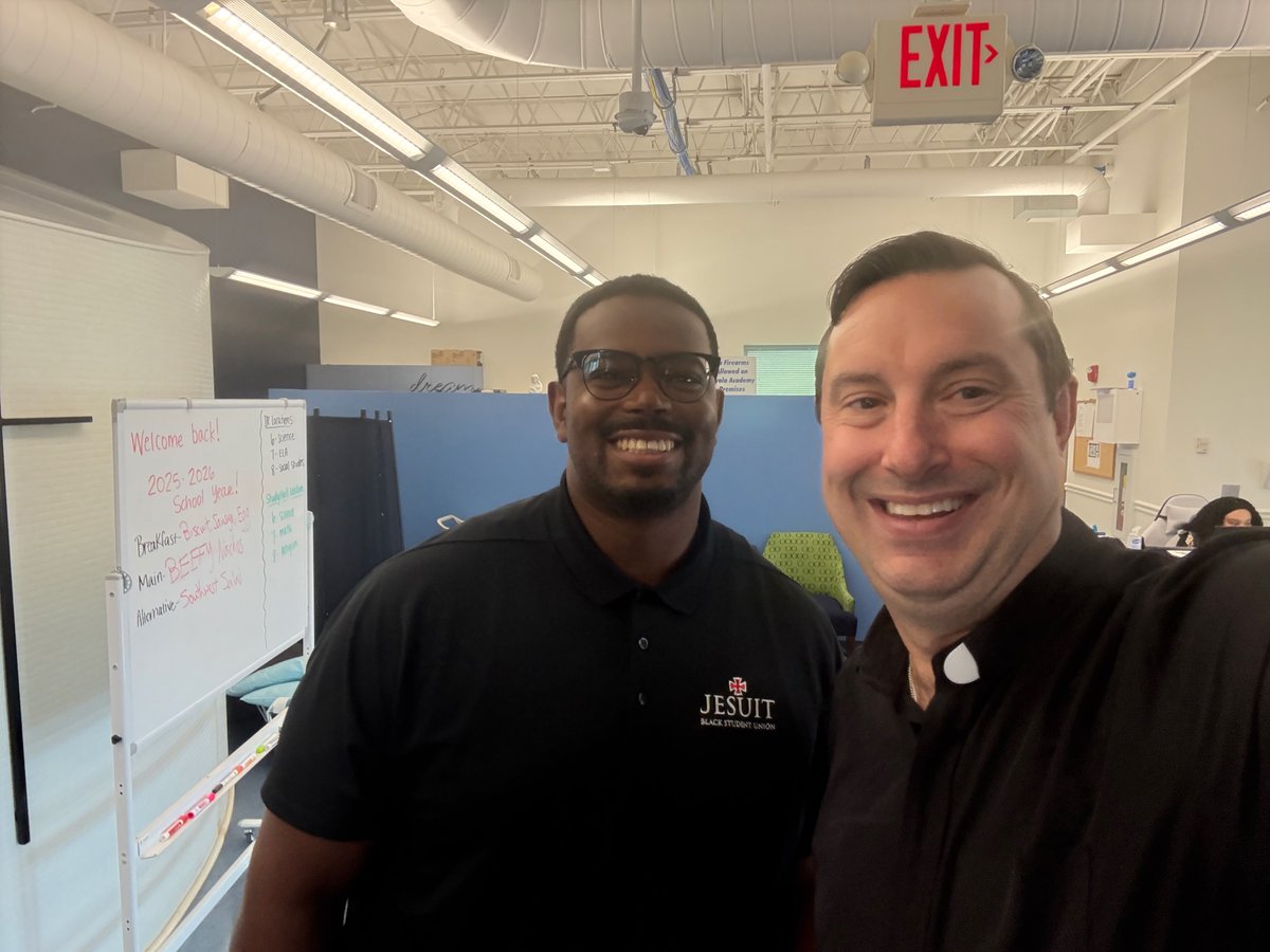Alumnus Michael Sam ’11 is in St. Louis to study at Wash U and took a moment to visit Fr. Marcus Fryer, S.J. ’00, and the boys at Loyola Academy of St. Louis, the nearby Jesuit upper elementary and middle school! #wearesj #amdg