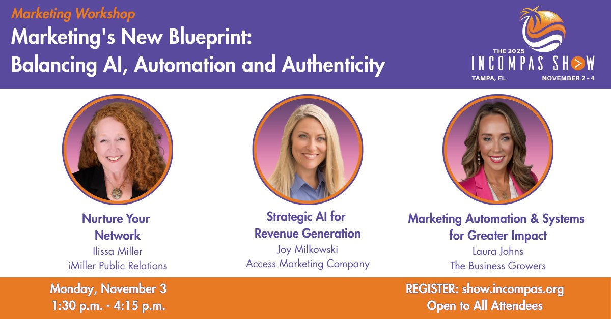 iMiller Public Relations (iMPR) (@imillerpr) on Twitter photo 🎯 Ready to rethink your marketing strategy?
Join us at the 2025 <a href="/INCOMPAS/">Internet and Competitive Networks Association</a> Show on Nov 3 in Tampa for a powerhouse panel + 3 tactical workshops.
✨ Panel: Marketing’s New Blueprint: Balancing AI, Automation & Authenticity w/ Ilissa Miller, Joy Milkowski & Laura Johns
📅 Nov 3 🎯 Ready to rethink your marketing strategy?
Join us at the 2025 <a href="/INCOMPAS/">Internet and Competitive Networks Association</a> Show on Nov 3 in Tampa for a powerhouse panel + 3 tactical workshops.
✨ Panel: Marketing’s New Blueprint: Balancing AI, Automation & Authenticity w/ Ilissa Miller, Joy Milkowski & Laura Johns
📅 Nov 3