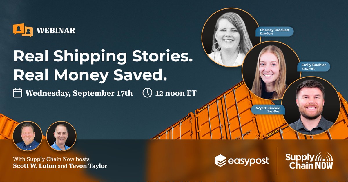 Shippers are squeezed by high logistics costs &amp; falling consumer confidence. 📦

Join @ScottwLuton &amp; Tevon Taylor with Wyatt Kincaid, Emily Buehler &amp; Chelsey Crockett from @EasyPost to learn proven ways to cut shipping costs this peak season.

🔗 Reg → hubs.ly/Q03DMZwY0