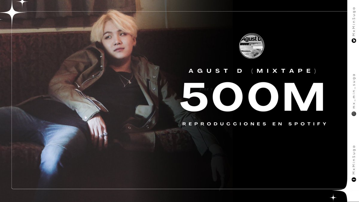 「 AGUST D CHARTS 」

📊 | El primer mixtape de Agust D, alcanzó los 500 MILLONES de reproducciones en Spotify.

Agust D es ahora el PRIMER y ÚNICO solista coreano en tener 3 álbumes que logran esta marca.

#AgustD500MSpotify 
CONGRATULATIONS AGUST D
AGUST D LEGENDARY SOLOIST