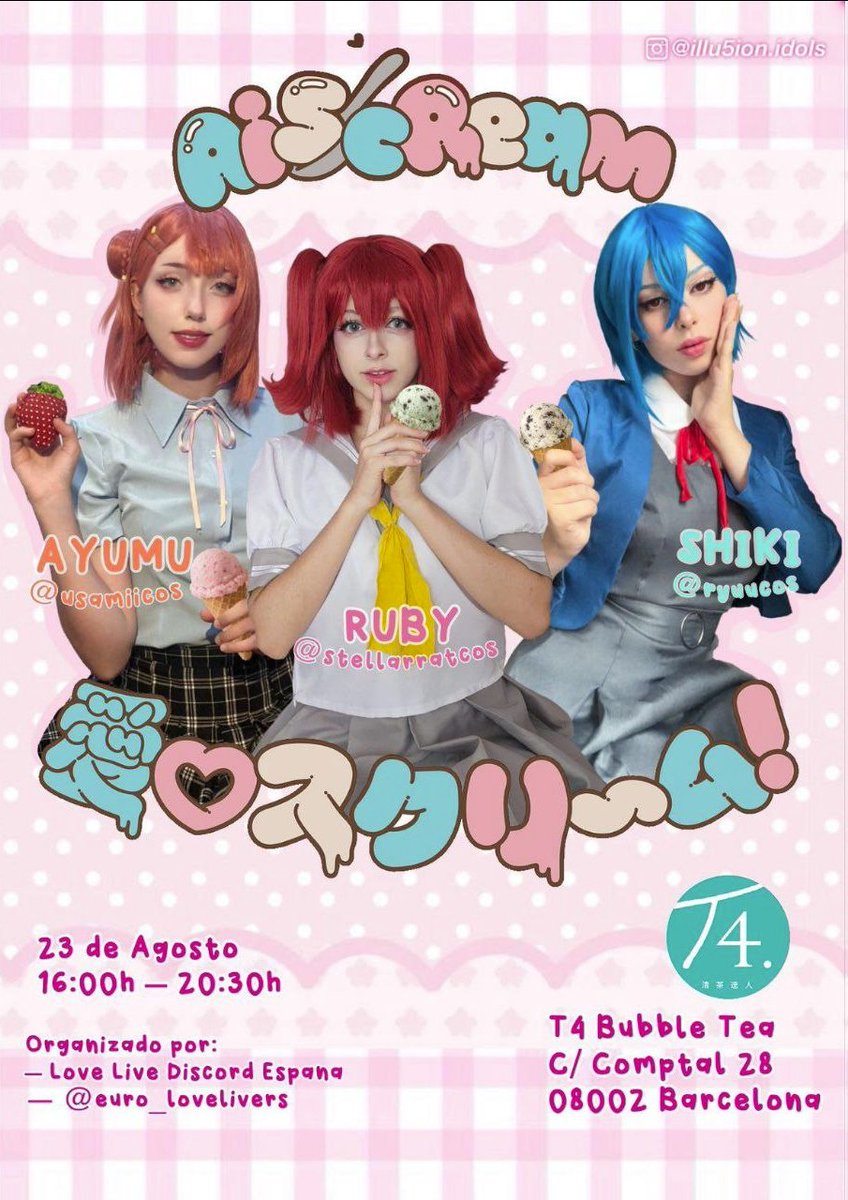 ¡Primera actividad desvelada!

Tendremos una colaboración con las chicas de <a href="/illu5ion_idols/">Illu5ion</a> en el evento de T4 este sábado.

Habrá la oportunidad de haceros una cheki decorada con ellas en el photocall para llevaros un recuerdo.

¡Nos vemos muy pronto!