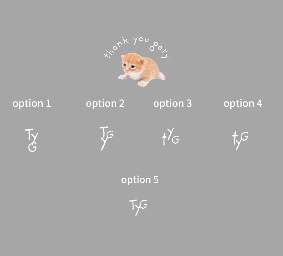 gary wants his fans to help shape his brand !

comment which “TyG” logo you like the most ~

the option with the most comments will be used on official gary clothing and accessories ≽^•⩊•^≼