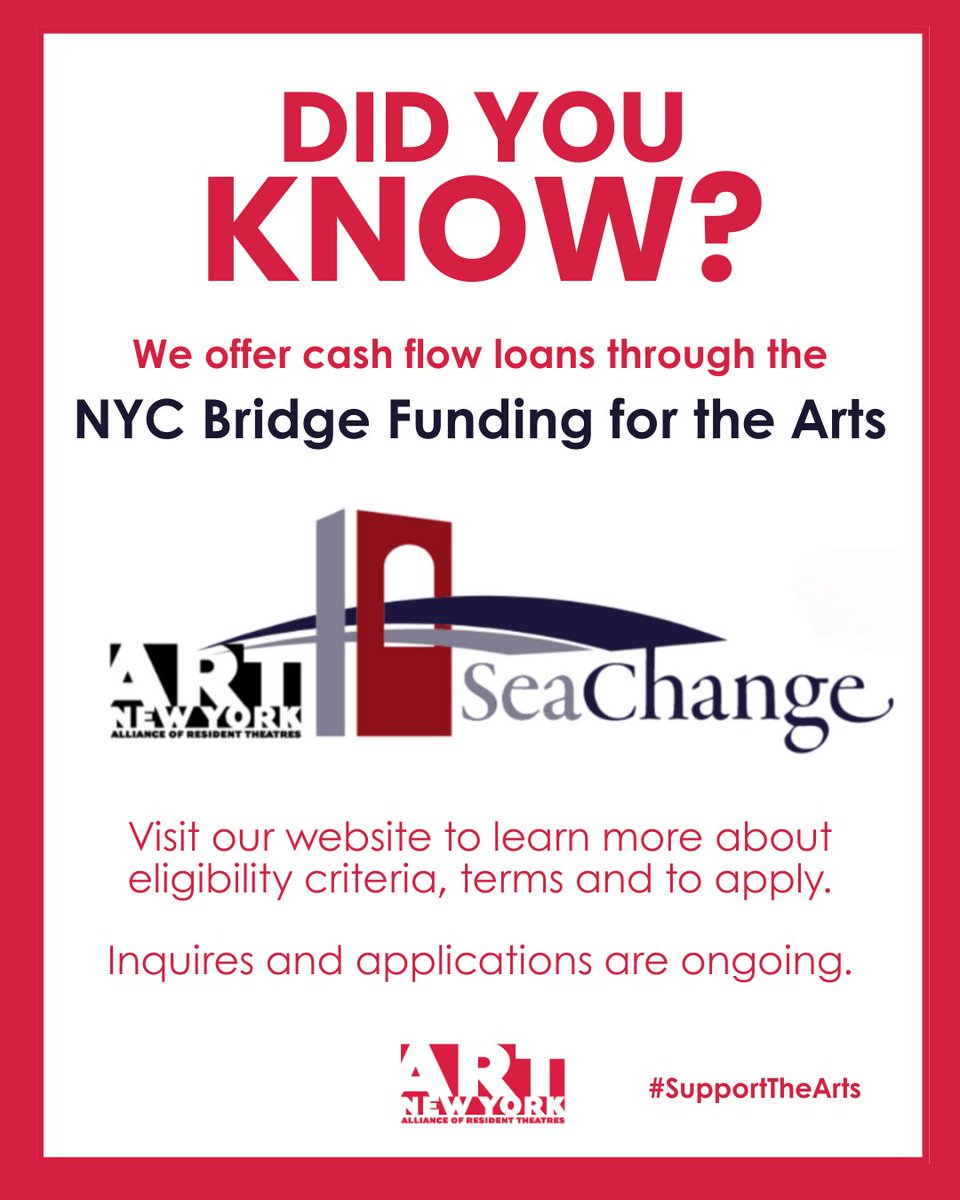 In partnership with SeaChange Capital, we currently offer cash flow loans to help meet the unique liquidity needs of the NYC theatre community. We work together to offer competitive rates, technical assistance, &amp; low barriers to entry.

Learn more at: art-newyork.org/cash-flow-loan…