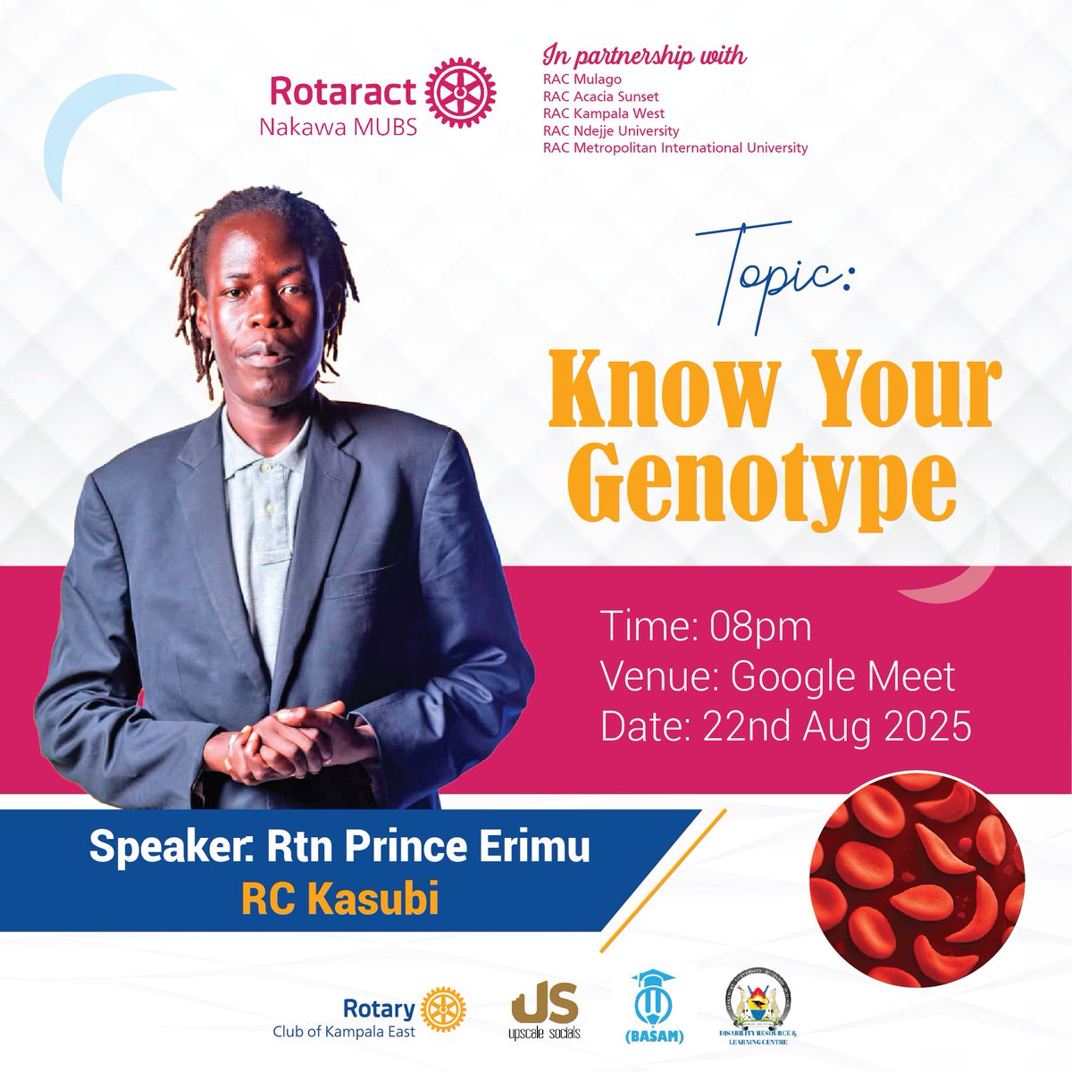 Join us tomorrow at 8 pm  for an enlightening discussion on 'Know Your Genotype' 

Don't miss this opportunity to learn about the importance of knowing your genotype and its implications on your 

meet.google.com/vsv-huuo-ewu

 #SickleStrongCampgain
#ItsTimeToJoinRotaract