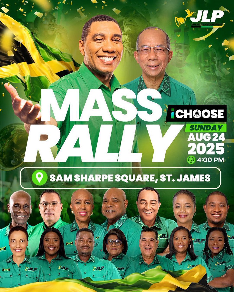 AndrewHolnessJM's tweet photo. This Sunday, August 24, we take our Mass Rally to Sam Sharpe Square at 4:00 PM ✌🏾🇯🇲

We’ve cut crime, built homes, created jobs, fixed roads, expanded water supply, and opened new opportunities for our people. 

For 9 years, we’ve delivered, and we are ready to do even more for YOU!

Bring your flags and your energy. Let’s fill the square with a sea of green! #ChooseJamaica