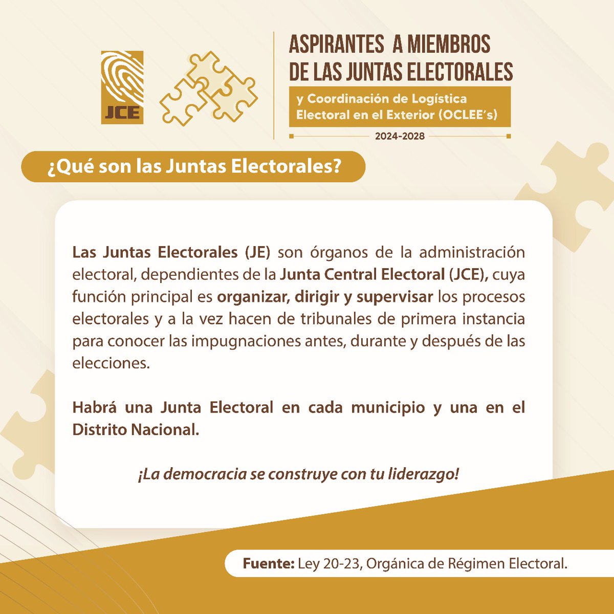 ¿Sabías que en cada municipio existe una Junta Electoral?

Son las responsables de organizar, dirigir y supervisar los procesos electorales, además de conocer las impugnaciones antes, durante y después de las elecciones.

👉 ¡La democracia se construye con tu liderazgo!