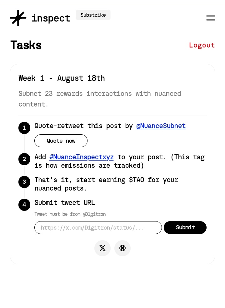 D1gitron's tweet image. $TAO miners
Complete this task ASAP if you haven&apos;t already.

Week 1 - 
1. Quote-retweet this post by @NuanceSubnet

2. Add #NuanceInspectxyz to your post. (This tag is how emissions are tracked)
3. That&apos;s it, start earning $TAO for your nuanced posts.