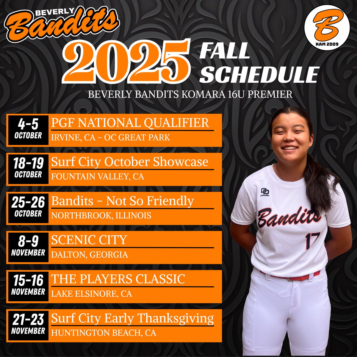 Excited to announce my Beverly Bandits Fall Schedule that includes travel back East to Scenic City and the “Bandits - Not So Friendly” in Illinois along with many SoCal opportunities to Showcase our skills! <a href="/Philyg16/">Phillip Gomez</a>  <a href="/bbkam2009/">Beverly Bandits Komara 16U Premier</a> 

<a href="/IHartFastpitch/">I❤️Fastpitch</a> <a href="/PlaySoftballNet/">Play Softball</a> <a href="/LegacyLegendsS1/">Legacy & Legends Softball</a>