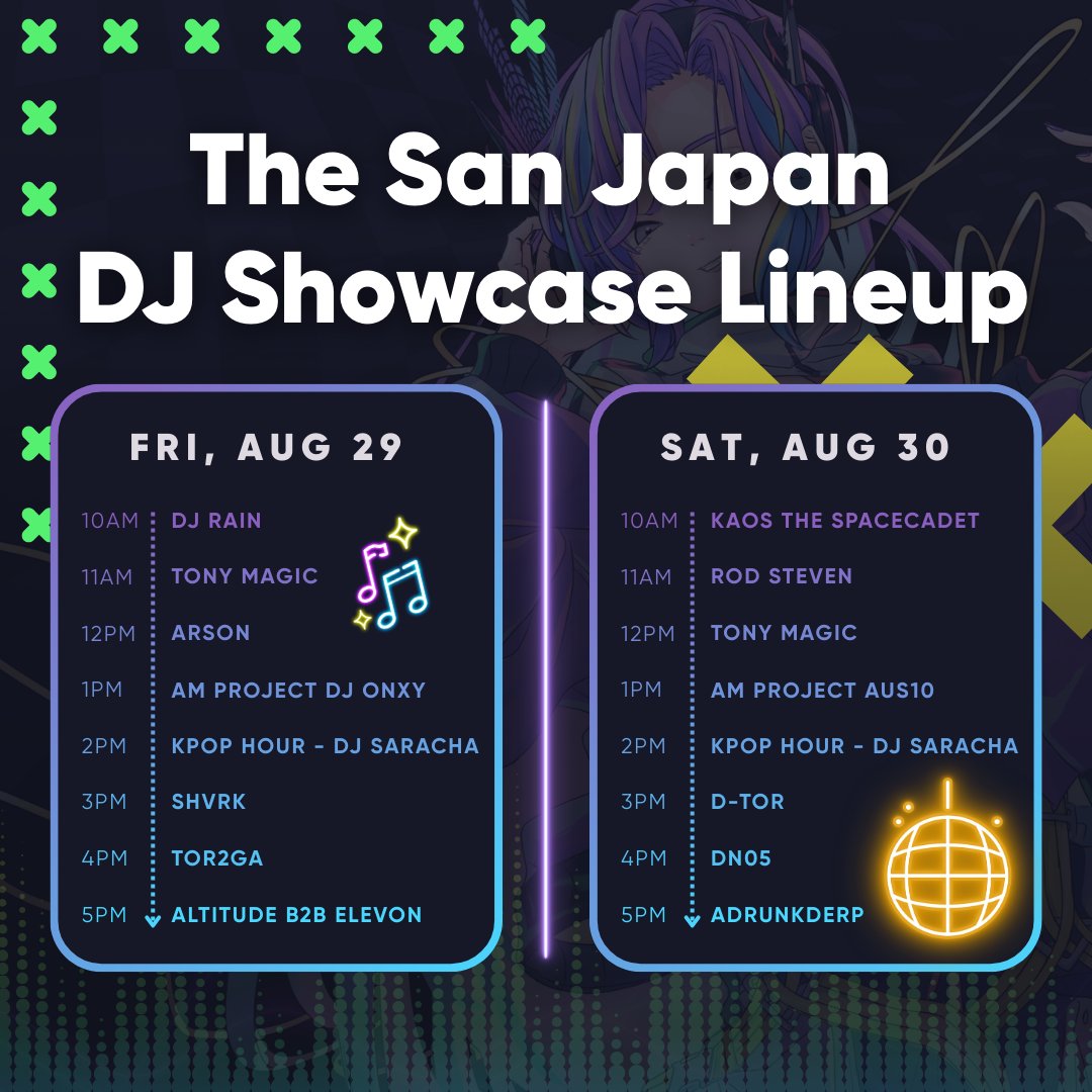 Here is the lineup of DJs who plan to spin at the Itasha Wonderland Car Exhibit in Hall 4A along with their times.