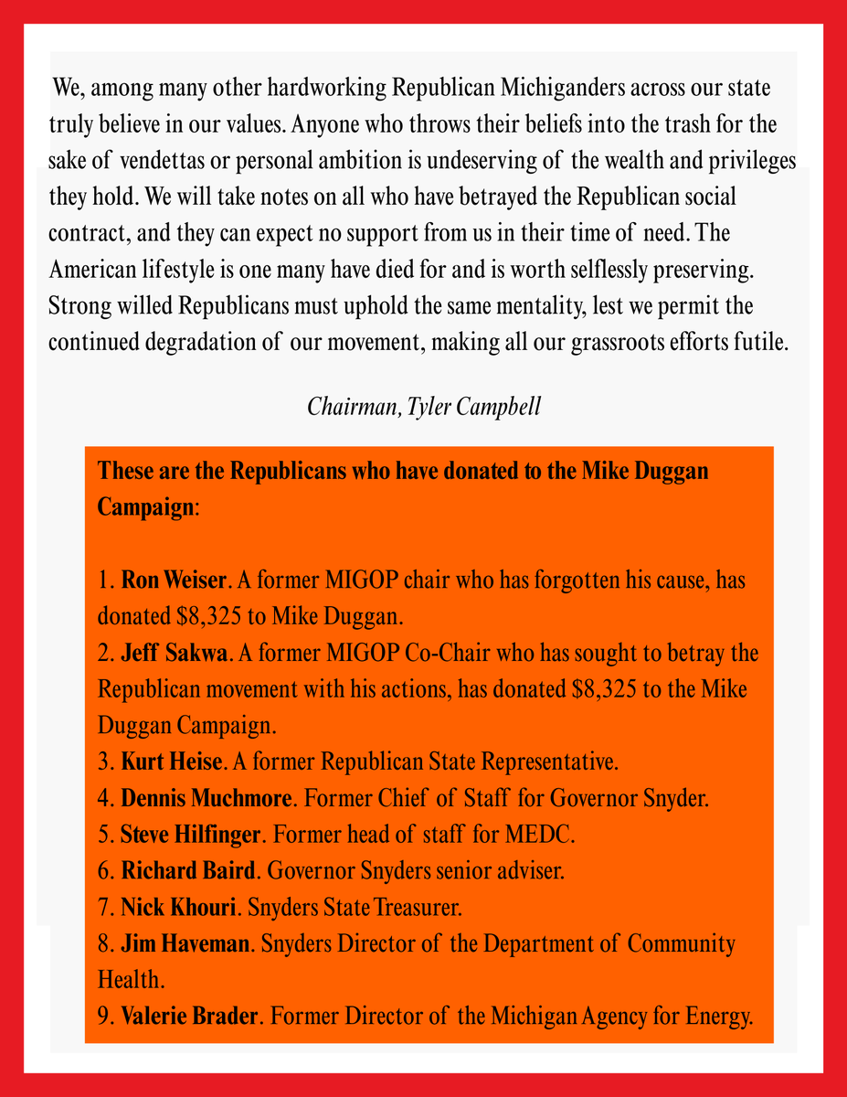 MFCR (@michigancrs) on Twitter photo The Michigan College Republicans condemn the Michigan Republicans who have donated to Mike Duggan. The Michigan College Republicans condemn the Michigan Republicans who have donated to Mike Duggan.