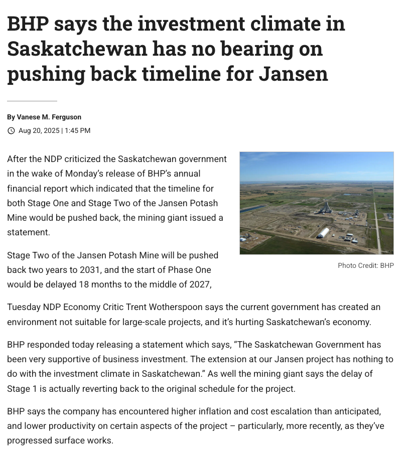 More lies from the lost and dishonest NDP.

On Tuesday, the NDP’s Trent Wotherspoon tried to blame the government for a delay in BHP’s Jansen mine project.

Today, BHP said “The Saskatchewan Government has been very supportive of business investment. The extension at our Jansen