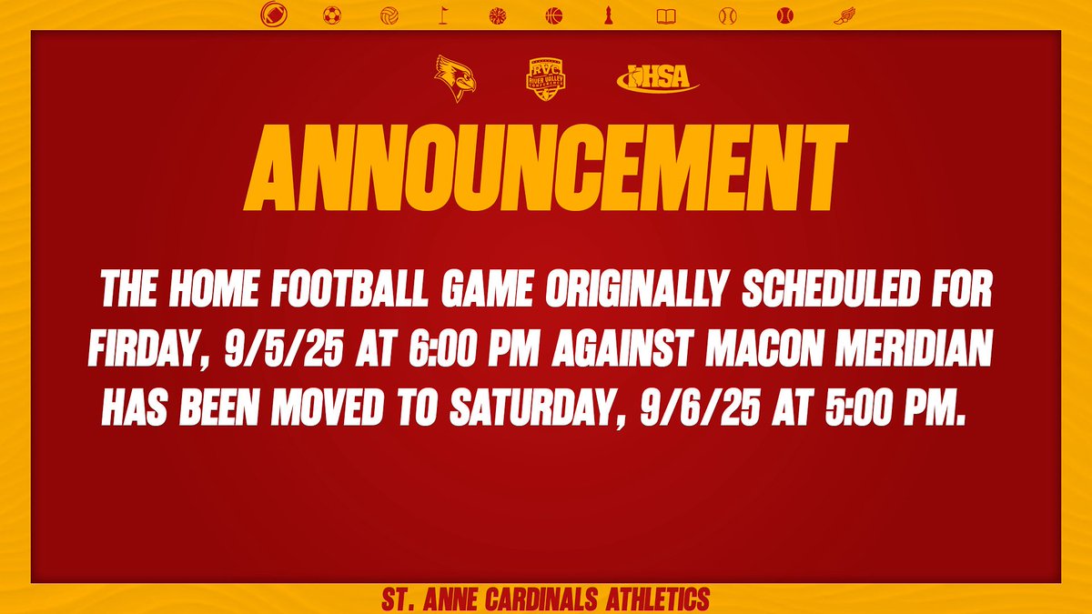 ANNOUNCEMENT ⬇️

Our home football game against Macon Meridian, originally scheduled for Friday, 9/5/25 at 6:00 pm, has been moved to Saturday, 9/6/25 at 5:00 pm.

Please plan accordingly Cardinals! 🐦🏈

#CardinalCulture