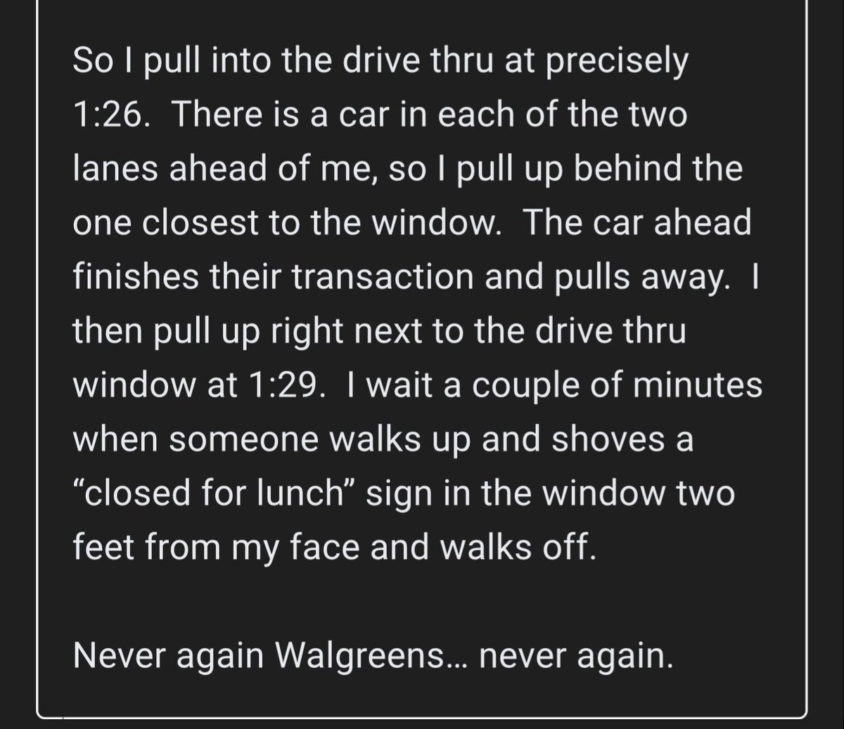 mccrary903's tweet image. Never again @Walgreens … never again