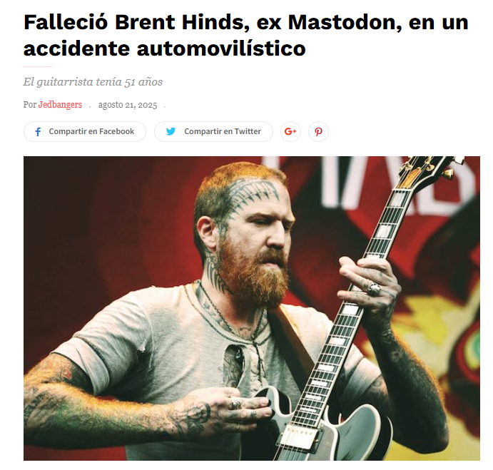 A los 51 años Brent Hinds, ex-guitarrista de Mastodon, falleció en un accidente automovilístico ocurrido en la noche del miércoles 20 de agosto en el sureste de Atlanta, Georgia. 
La nota: 
jedbangers.com.ar/fallecio-brent…