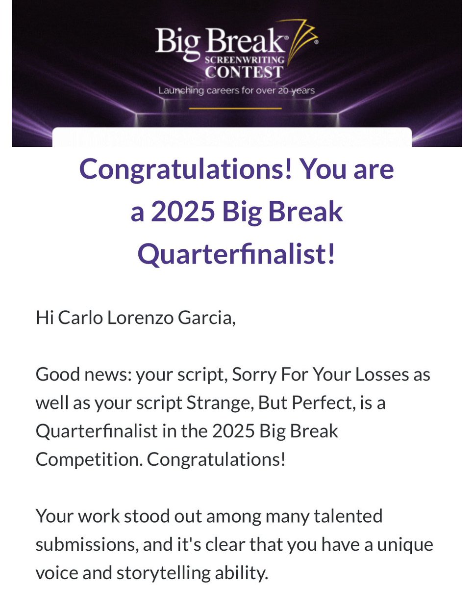 Ayeeeee! My two feature film scripts were selected as Quarterfinalists in the <a href="/finaldraftinc/">Final Draft</a> Big Break Screenwriting Competition!

Sorry For Your Losses
Strange, But Perfect

🎥 🙌🏻