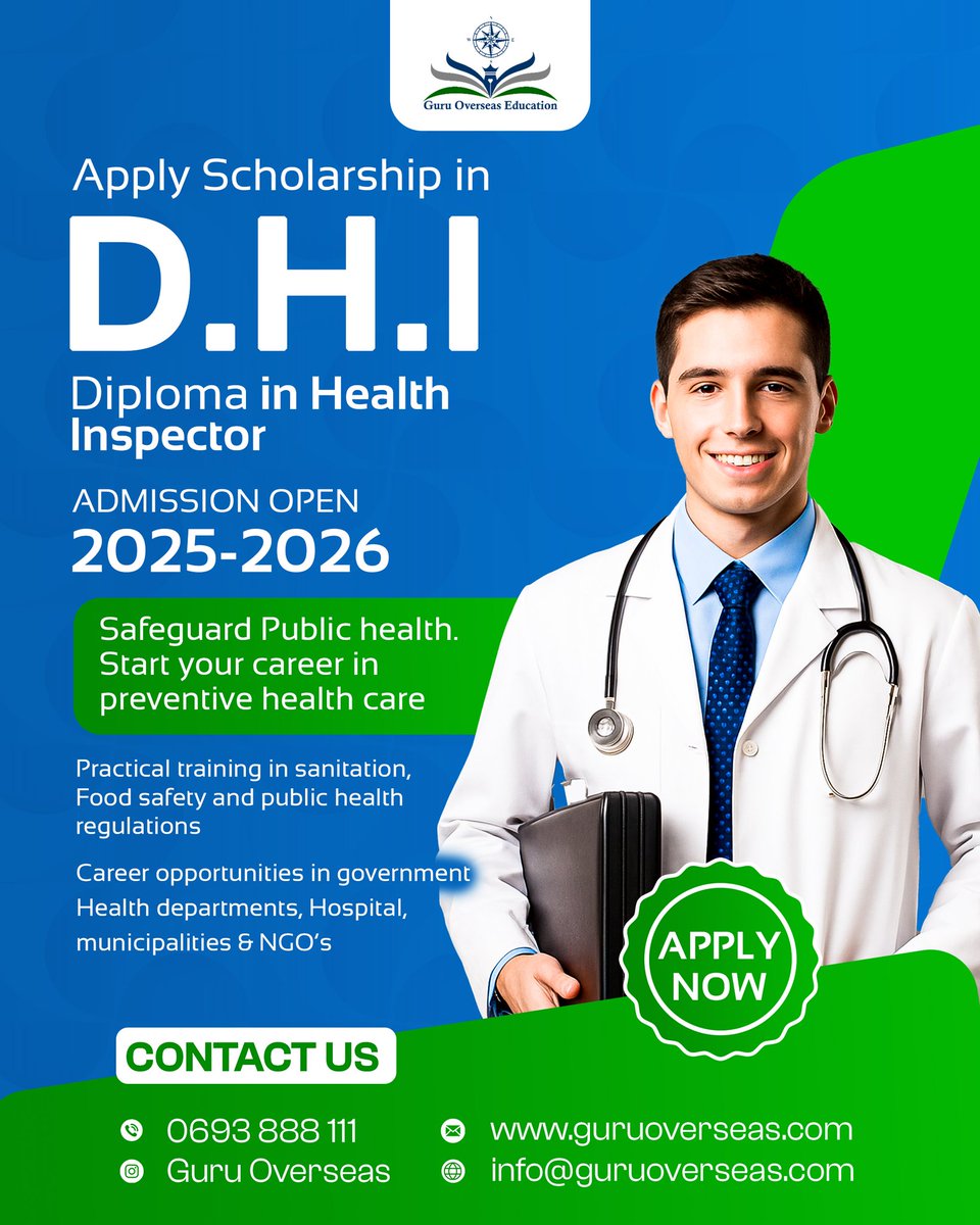 GurusOverseas's tweet photo. Diploma in Health Inspector (D.H.I.)

🎯 OBJECTIVE OF THE COURSE

To train students in preventive healthcare, focusing on public health and sanitation.
Health Inspectors are professionals who help maintain community health standards by monitoring hygiene, sanitation, and safety in different areas.

 WHAT YOU WILL LEARN

✅Sanitation practices – managing cleanliness and hygiene in public and private spaces.

✅Food safety – checking and enforcing regulations related to safe food preparation and distribution.

✅Public health regulations – understanding the laws and rules that protect community health.

✅Preventive healthcare – learning ways to stop diseases before they spread.

 CAREER OPPORTUNITIES

🎈After completing this diploma, you can work as a Health Inspector in:

🎈Government health departments

🎈Hospitals & clinics

🎈Municipalities (city councils/local governments)

🎈NGOs (non-governmental organizations) working in health and sanitation

🎈Food safety and inspection agencies