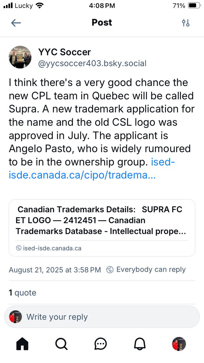 From Bluesky since I don’t see an account here. Possible CPL trademark info #CanPL  ised-isde.canada.ca/cipo/trademark…