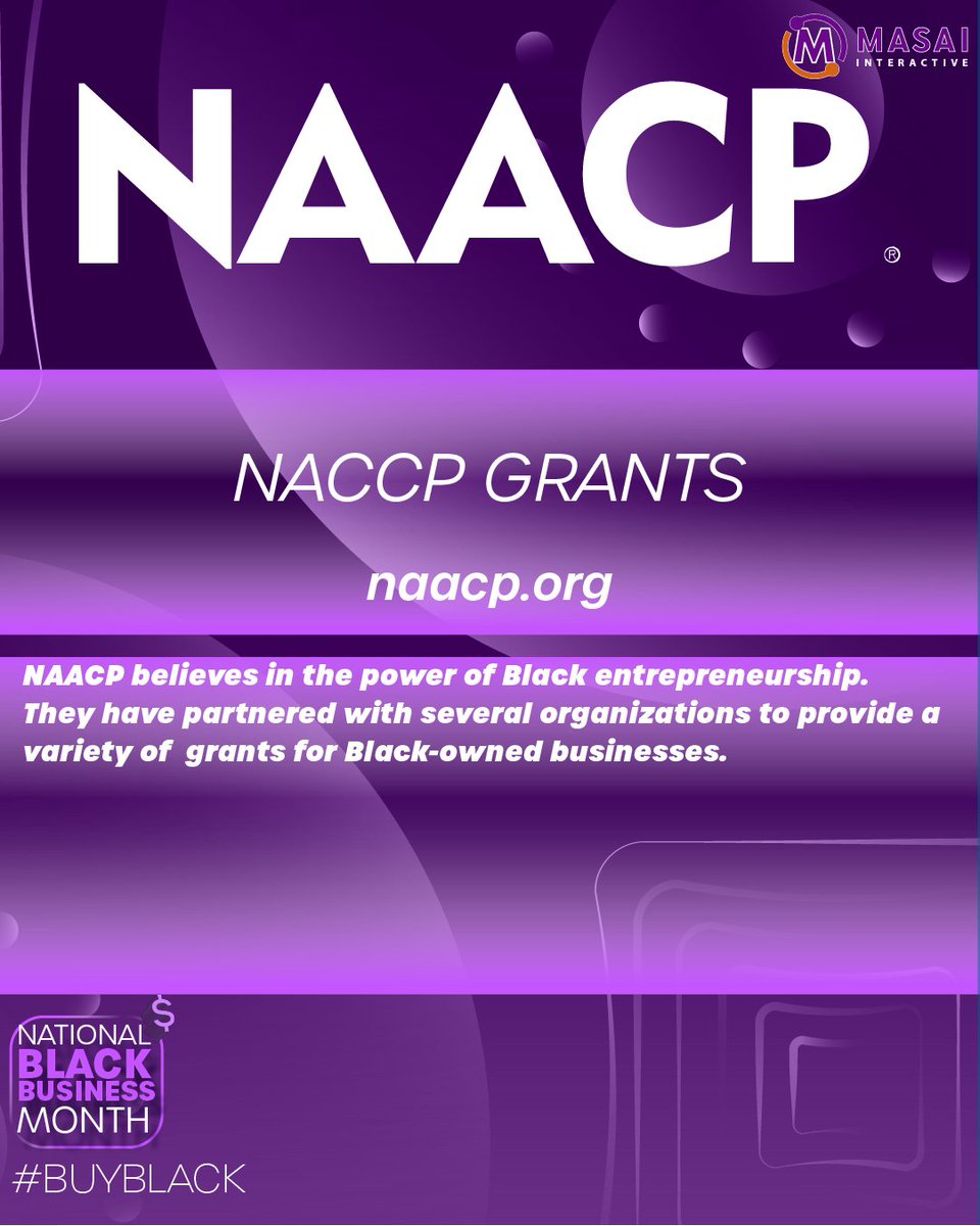 MasaiInteractiv's tweet photo. Here are 5 grants every Black business owner should know 
about:

1. Operation HOPE – 1 Million Black Businesses   
2. By Black   
3. US Black Chambers, Inc   
4. NAACP Grants   
5. IFundWomen of Color https://t.co/viy5fLQVBs