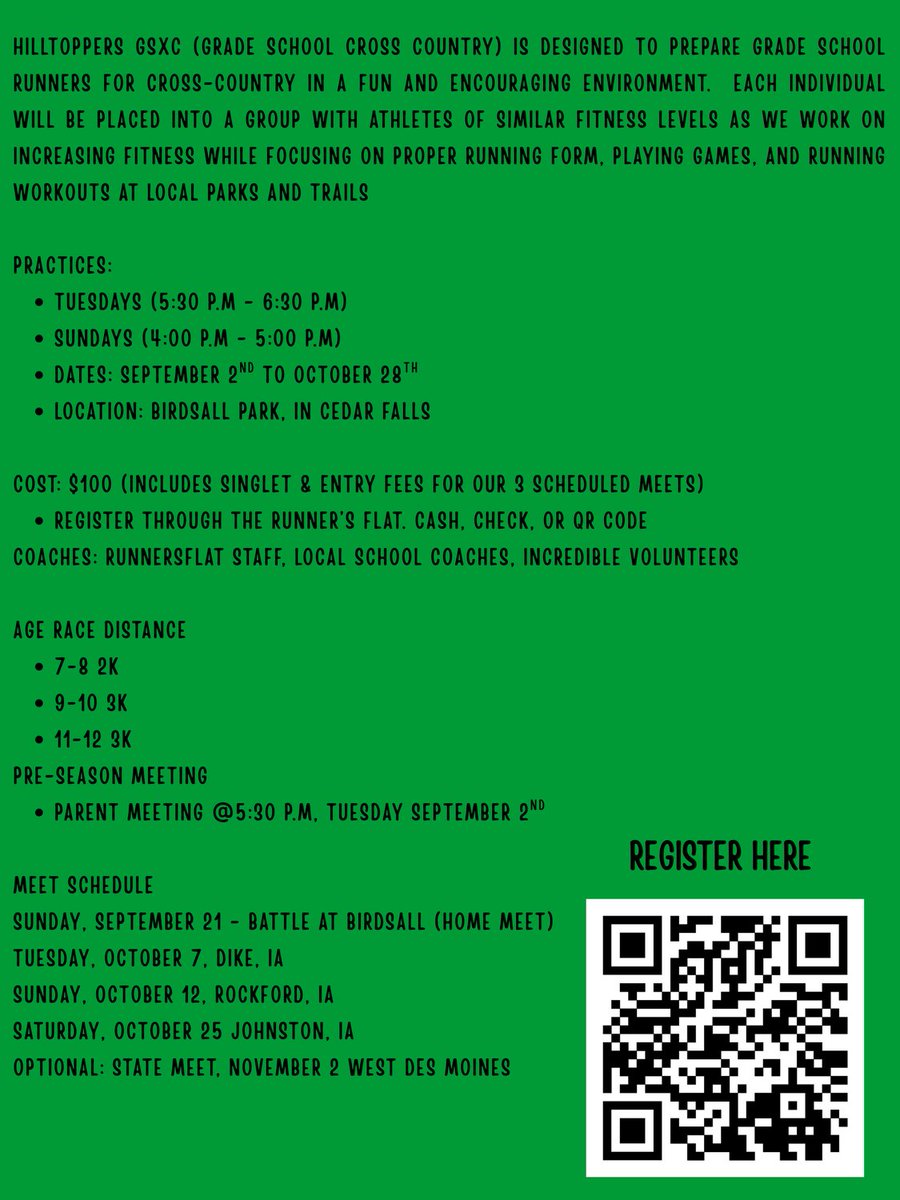 🏃‍♀️🏃‍♂️ Grade school cross country sign-ups are OPEN! 🌟 Whether your child is a seasoned runner or just loves to run with friends, this is their chance to join the fun!

👉 Sign up today!