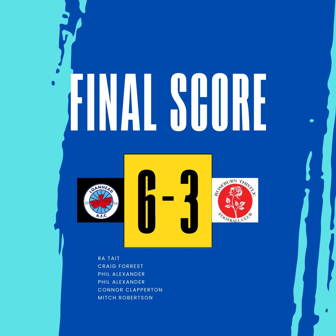 Not the best performance the boys have had but 6 goals and 3 points on a hard pitch. Some good goals from different scorers 🩵

All the best to Roseburn for the season 👍 

<a href="/philalexanderr/">phil</a> ⚽️⚽️
<a href="/Conzo98x/">Connor Clapperton</a> ⚽️
<a href="/ra_tait95/">Ra</a> ⚽️
<a href="/Mitchellrob_/">mitch robertson</a> ⚽️
<a href="/craaigforrest/">Craig</a> ⚽️