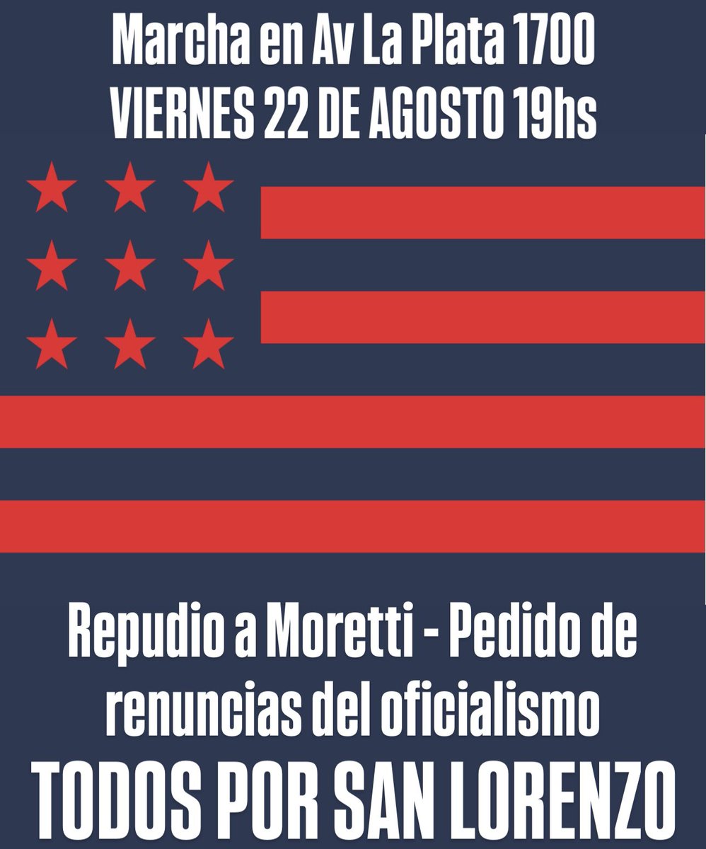 MarceCulotta's tweet photo. Este viernes 22/8 - 19hs en AvLP 
El sábado en el Estadio. 
El lunes también. 
Repudio a Moretti y pedido de renuncias del oficialismo. 

Todos por San Lorenzo 💙♥️ https://t.co/BQUS3Rl0aU