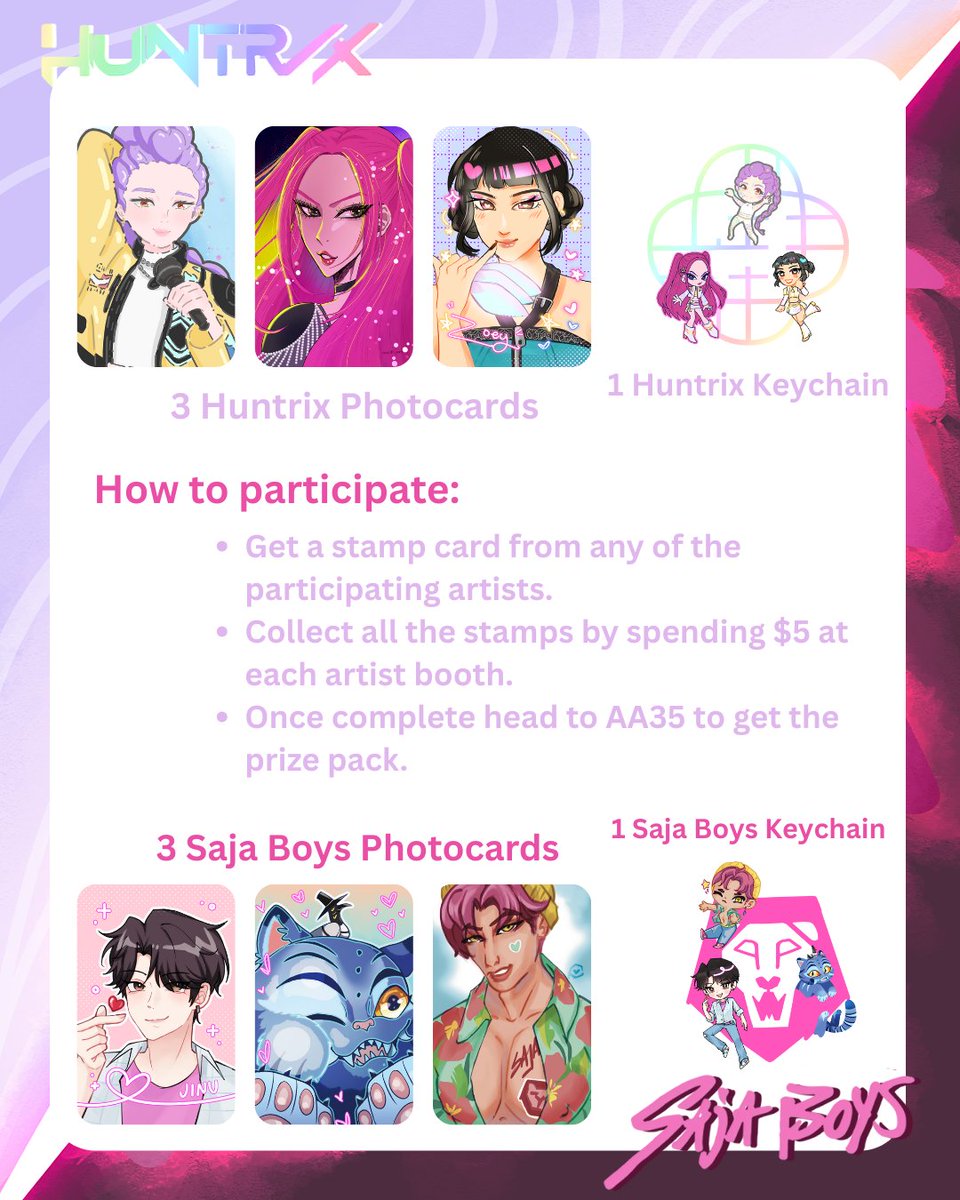 Going to AIOC? 
Come join our Huntrix Vs. Saja Boys stamp rally. 

Get 6 exclusive photocards and 2 keychains. *while supplies last 

How do you participate? 
Get a stamp by spending $5 at each artist table 

 #animeimpulseoc2025 #huntrix #sajaboys  #kpopdemonhunter #stamprally