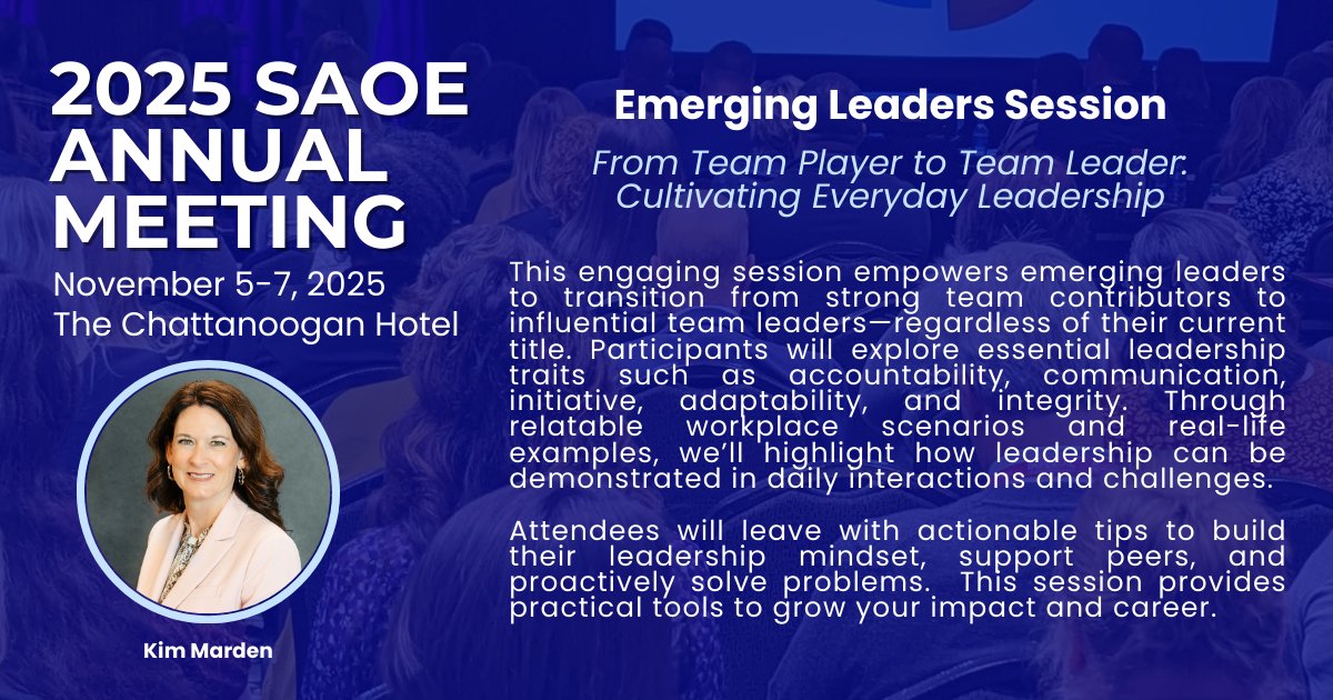 Transition from a team contributor to a team leader!

In this Emerging Leaders session at the 2025 SAOE Annual Meeting, dive into essential leadership traits. Expect to leave with actionable tips to build your leadership mindset!

View agenda &amp; register: saoe.org/annual-meeting…