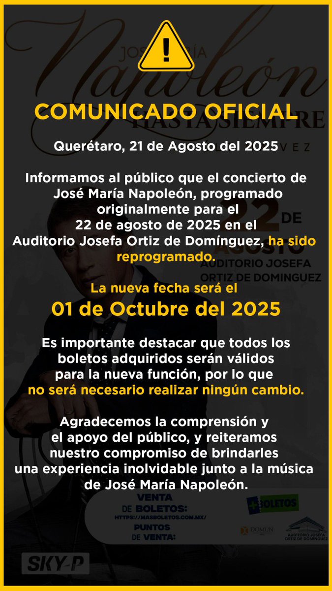 Mediante  un comunicado oficial, se informa que el concierto de José María Napoleón será reprogramado… más información 👇